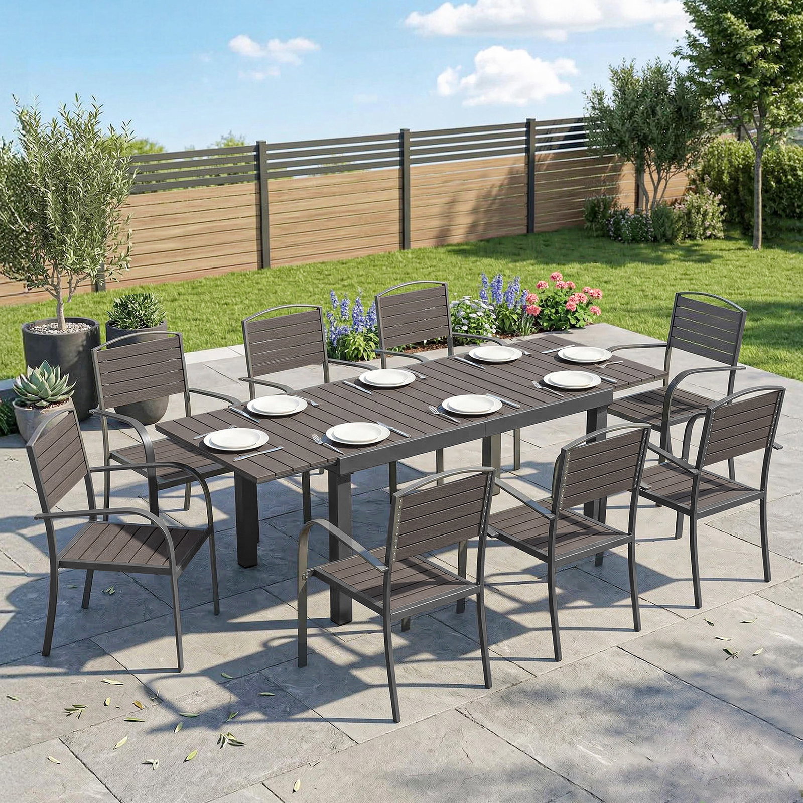 Conjunto de mesa e cadeiras de jardim com mesa extensível estrutura de alumínio 8 cadeiras e tampo de ripas de madeira plástica