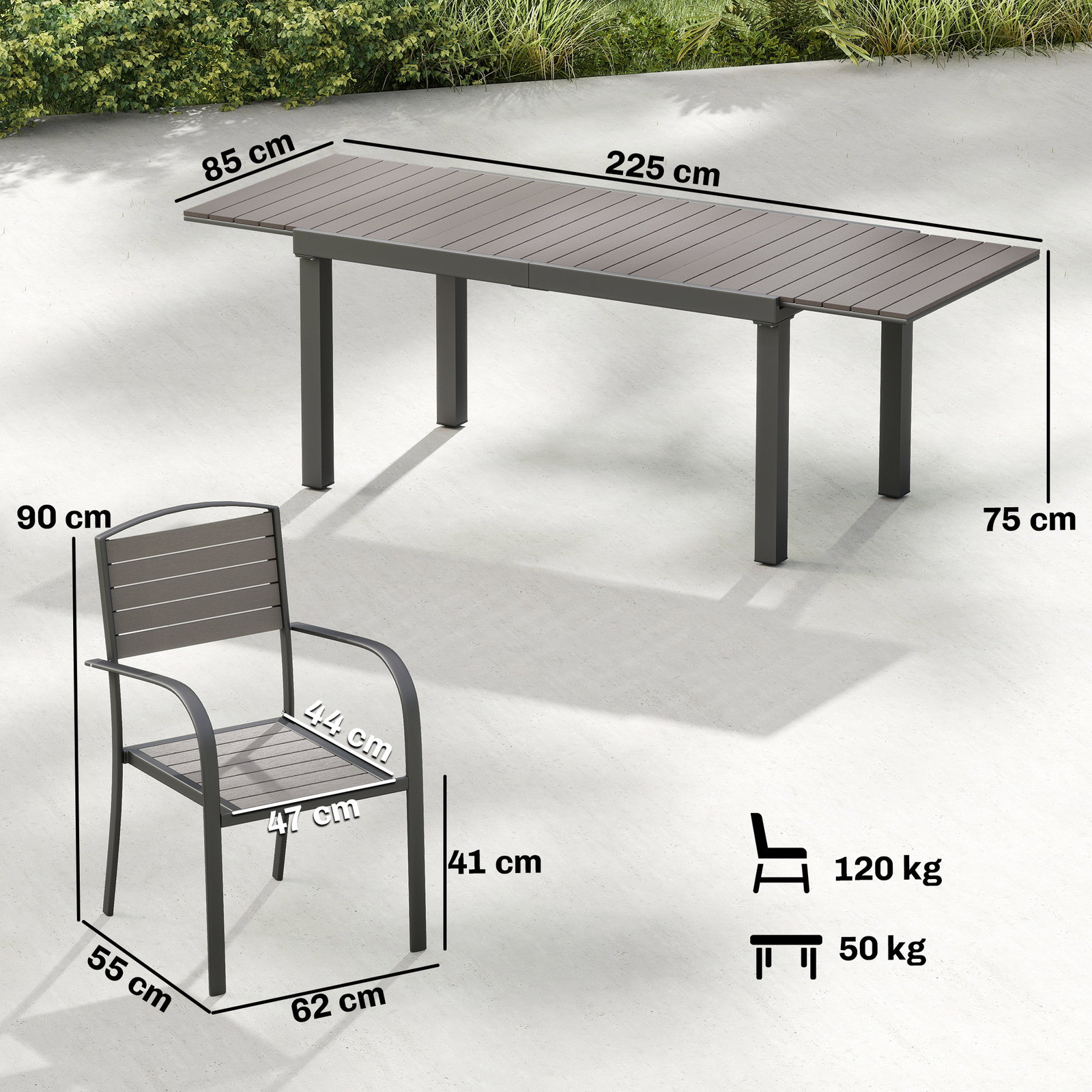 Conjunto de mesa e cadeiras de jardim com mesa extensível estrutura de alumínio 8 cadeiras e tampo de ripas de madeira plástica