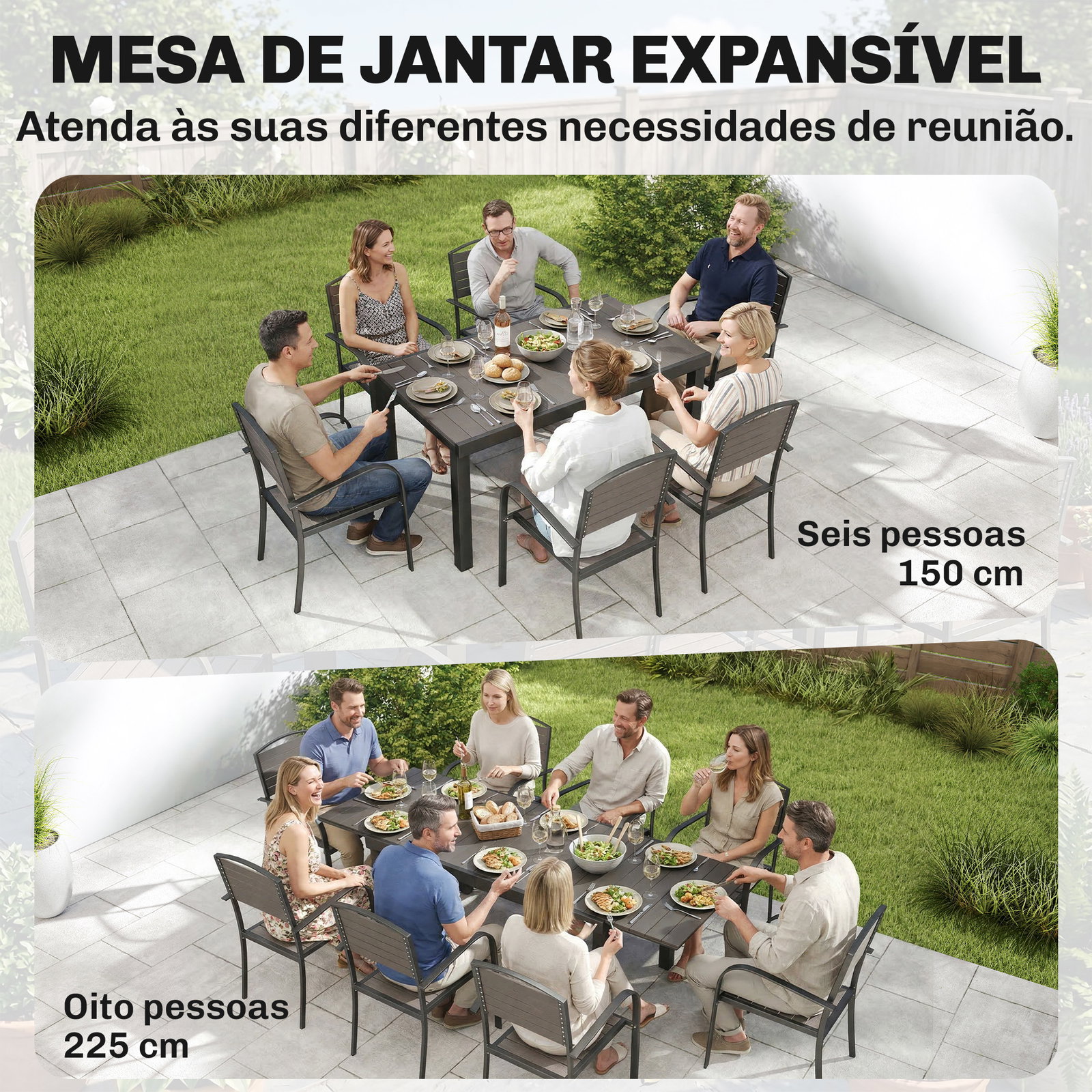 Conjunto de mesa e cadeiras de jardim com mesa extensível estrutura de alumínio 8 cadeiras e tampo de ripas de madeira plástica