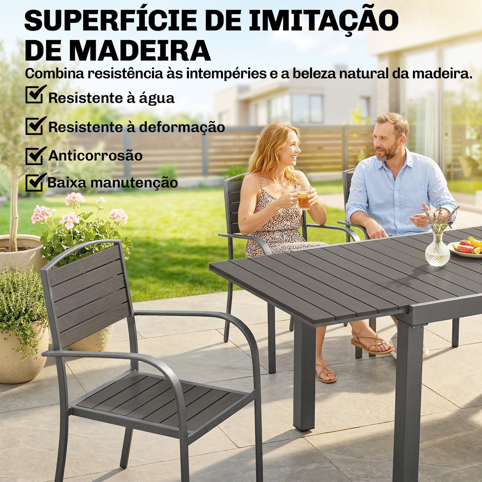 Conjunto de mesa e cadeiras de jardim com mesa extensível estrutura de alumínio 8 cadeiras e tampo de ripas de madeira plástica