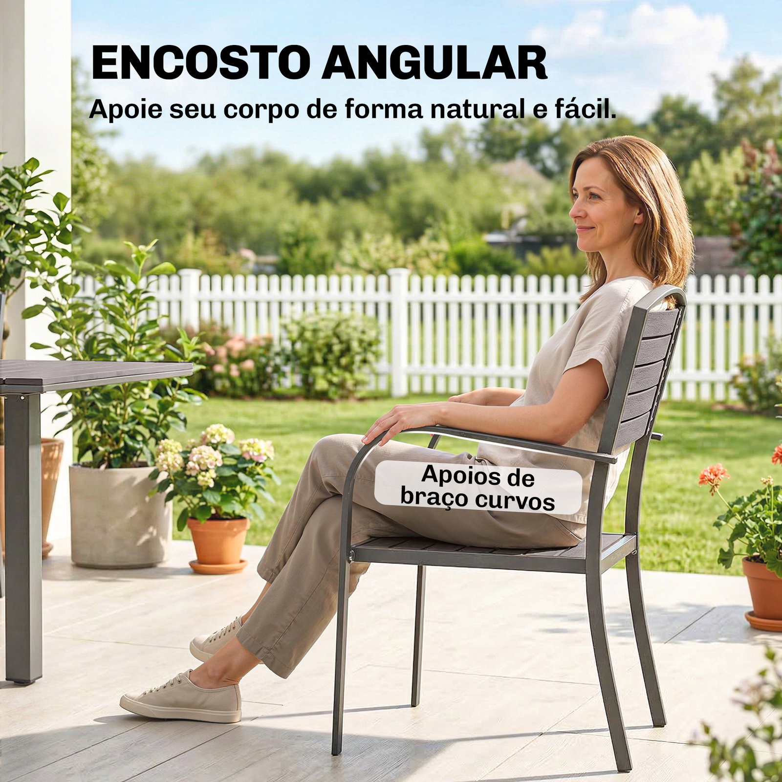 Conjunto de mesa e cadeiras de jardim com mesa extensível estrutura de alumínio 8 cadeiras e tampo de ripas de madeira plástica