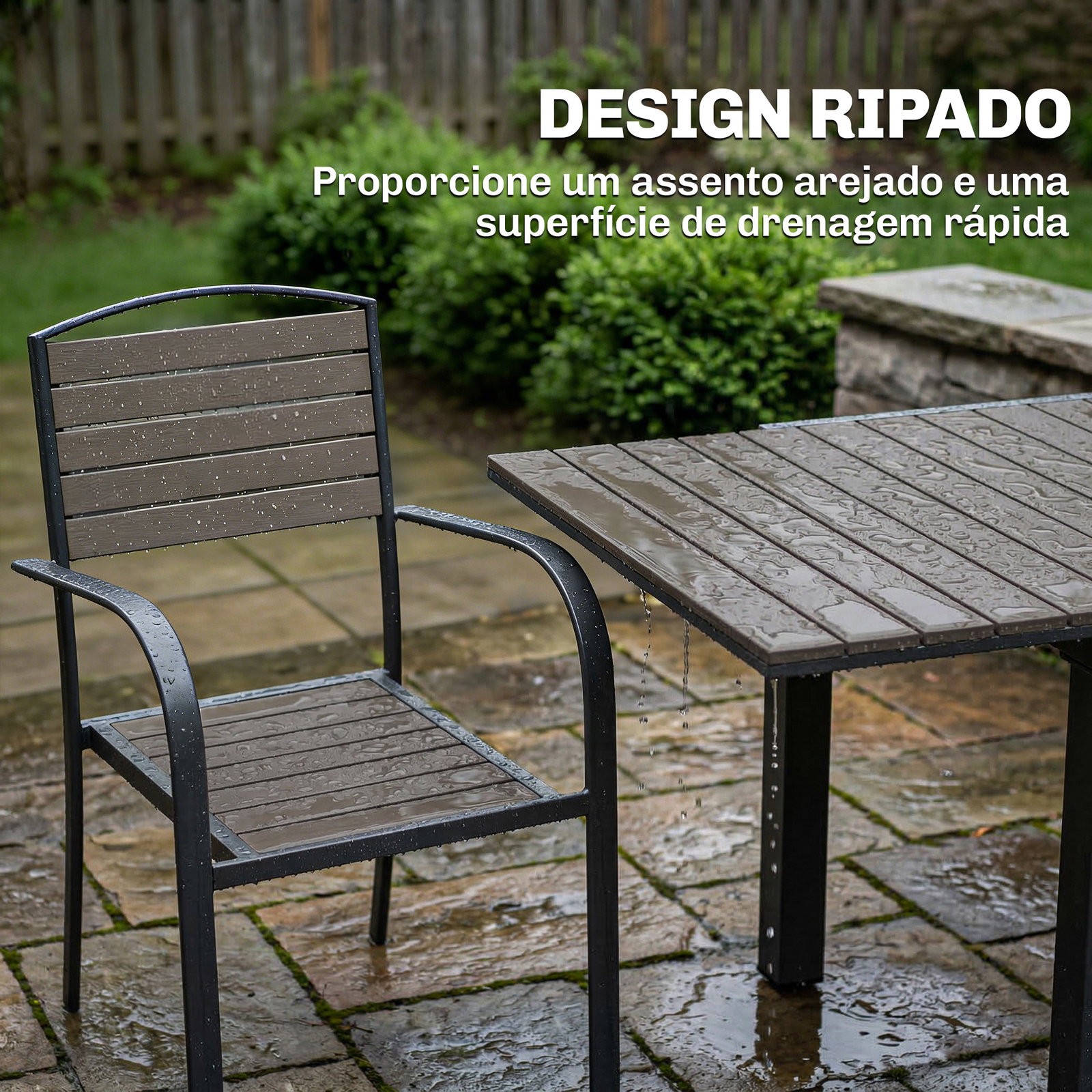 Conjunto de mesa e cadeiras de jardim com mesa extensível estrutura de alumínio 8 cadeiras e tampo de ripas de madeira plástica