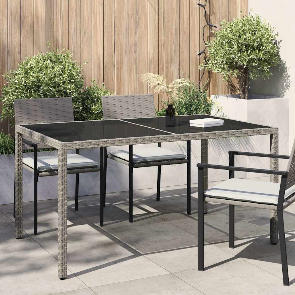 Mesa de jardim 150x90x75 cm vidro temperado e vime PE cinzento