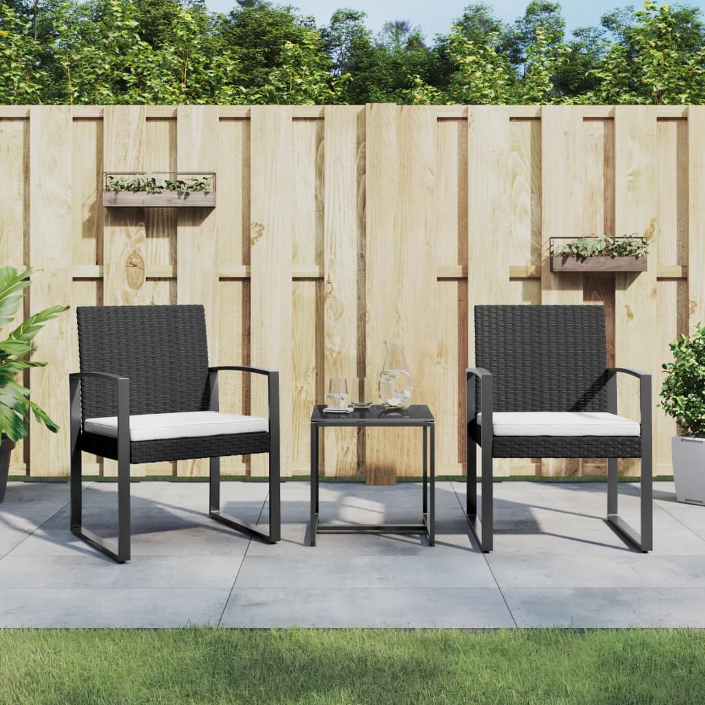 3 Pcs conjunto de jantar p/ jardim c/ almofadões vime PP preto