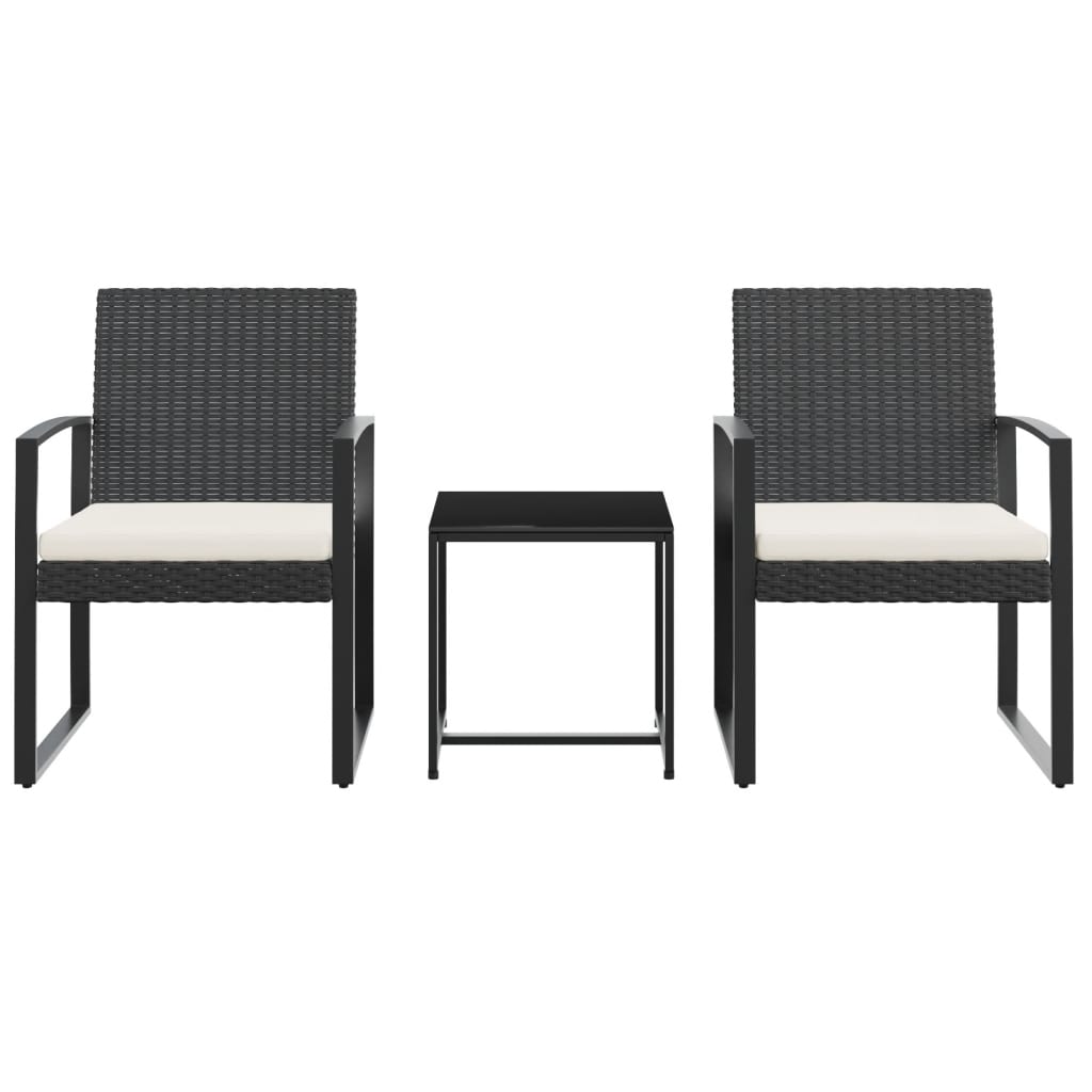 3 Pcs conjunto de jantar p/ jardim c/ almofadões vime PP preto