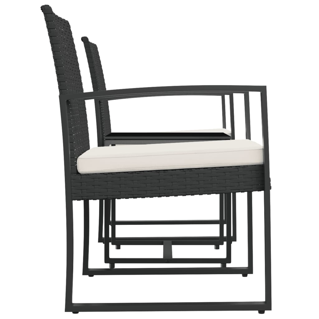 3 Pcs conjunto de jantar p/ jardim c/ almofadões vime PP preto