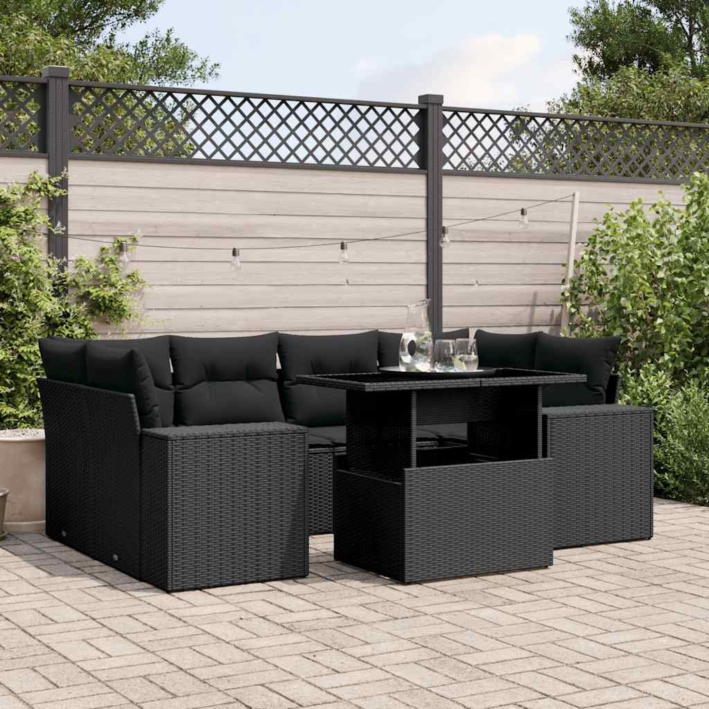 7 Pcs conjunto de sofás p/ jardim c/ almofadões vime PE preto