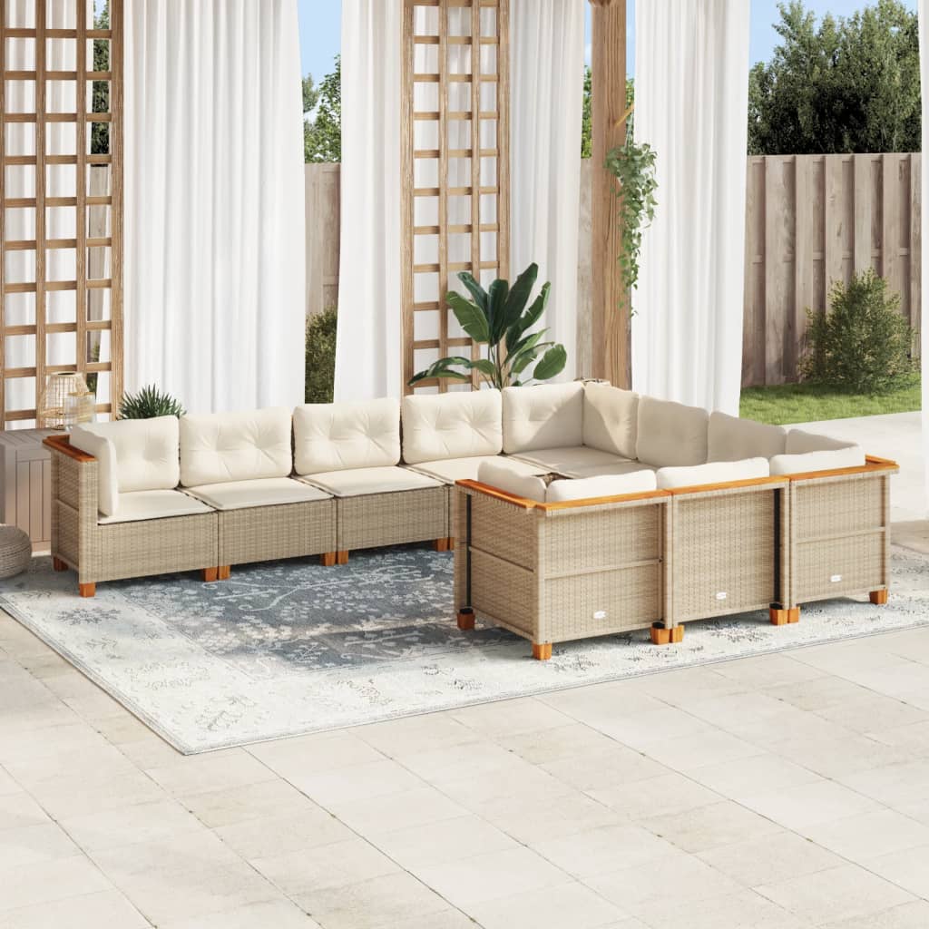 10 Pcs conjunto de sofás p/ jardim com almofadões vime PE bege