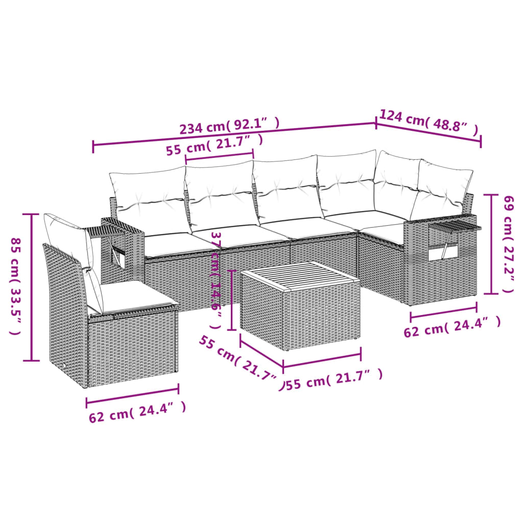 7 Pcs conjunto sofás p/ jardim c/ almofadões vime PE cinzento