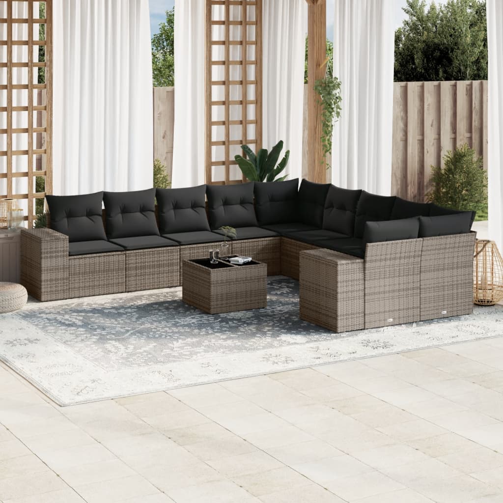 11 Pcs conjunto sofás de jardim c/ almofadões vime PE cinzento