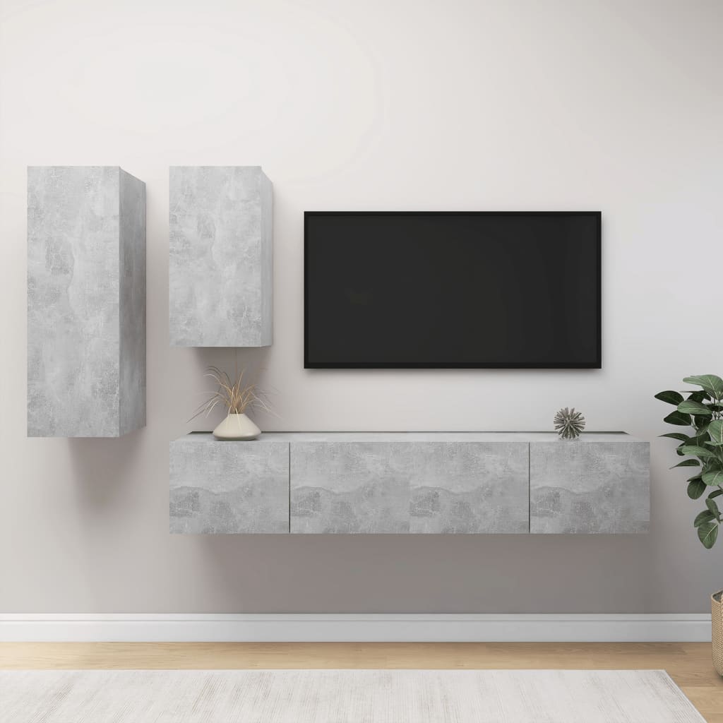 4 Pcs conjunto de móveis de TV derivados madeira cinza cimento