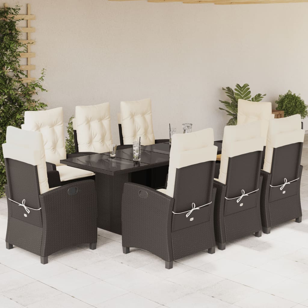 9 Pcs conjunto jantar p/ jardim c/ almofadões vime PE castanho