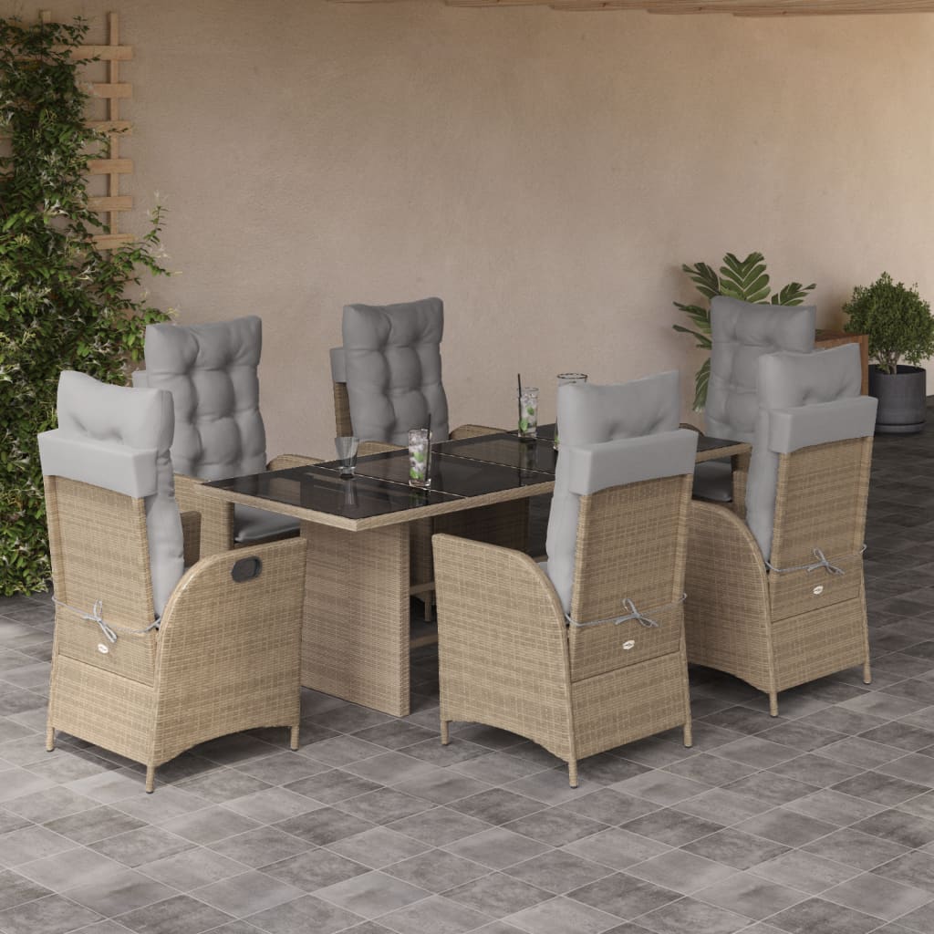 7 Pcs conj. jantar jardim c/ almofadões vime PE bege misturado