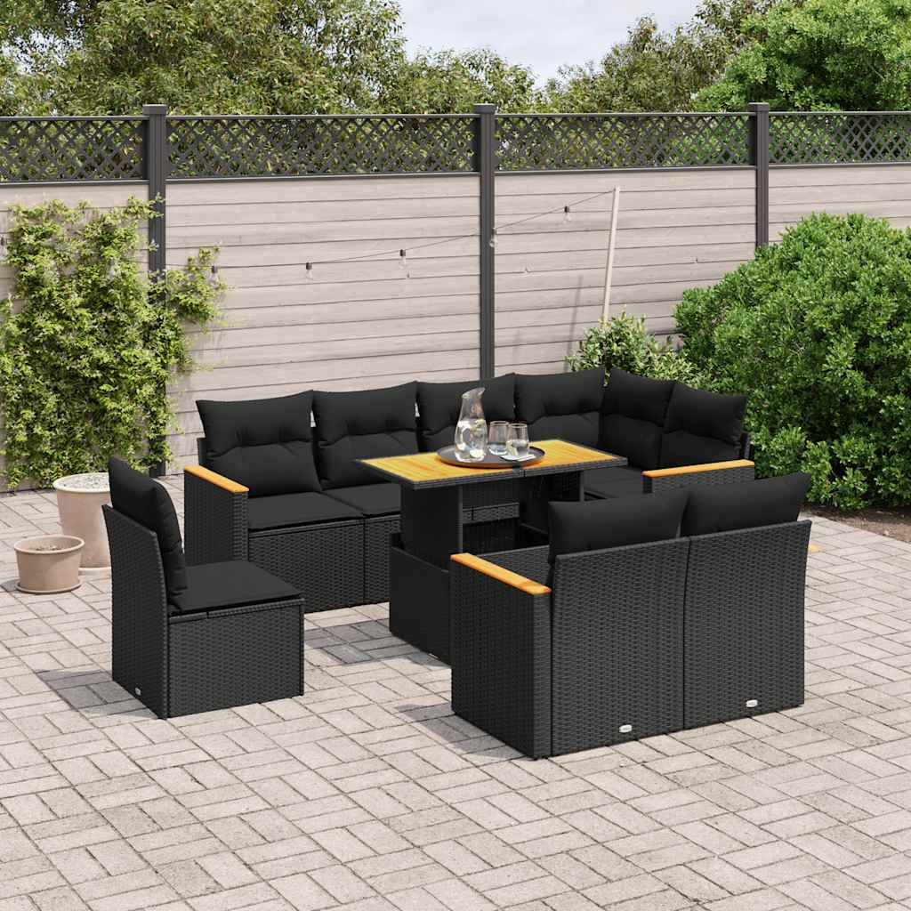9 Pcs conjunto de sofás p/ jardim c/ almofadões vime PE preto