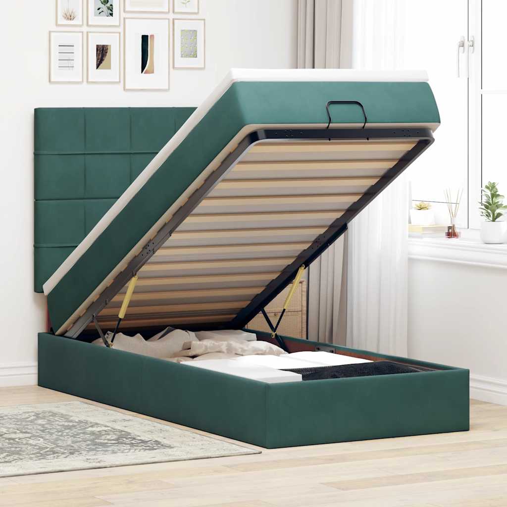 Estrutura de cama otomana colchões 90x200cm veludo verde escuro