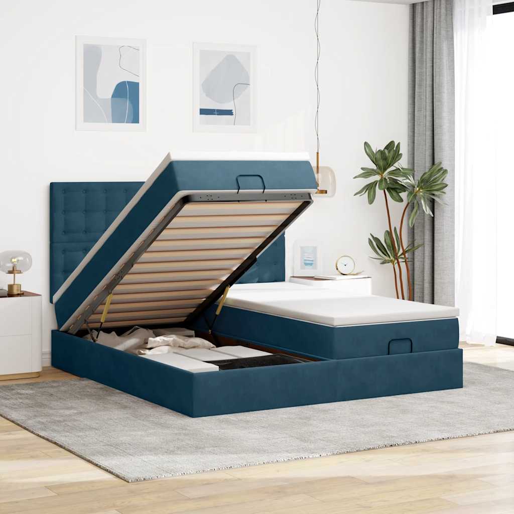 Cama otomana com colchões/leds 200x200 cm veludo azul-escuro