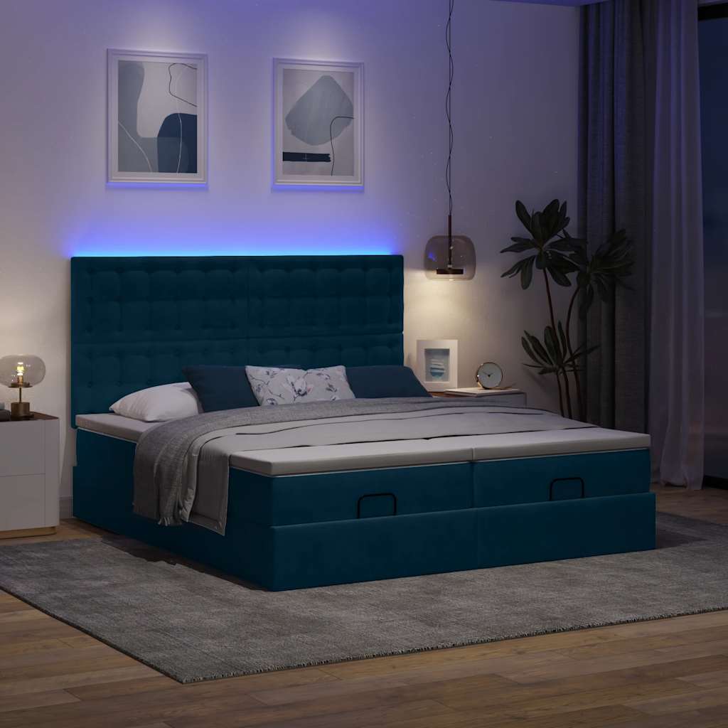 Cama otomana com colchões/leds 200x200 cm veludo azul-escuro