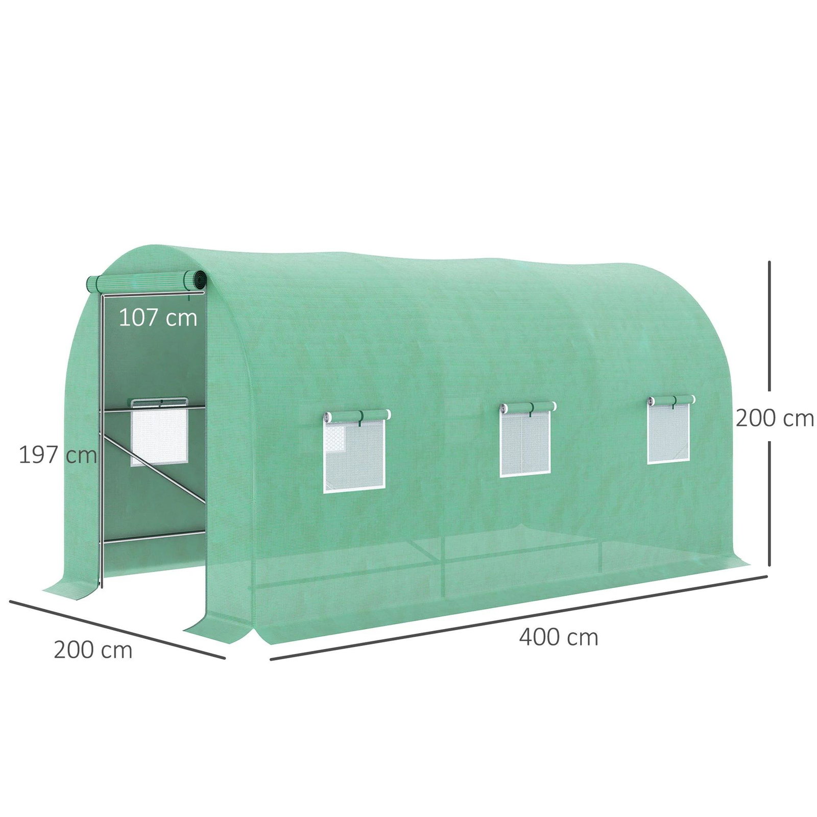 Estufa Tipo Túnel 400x200x200cm Estufa de Túnel com Portas Enroláveis e 6 Janelas Cobertura de PE 140 g/m² Estrutura de Metal pa