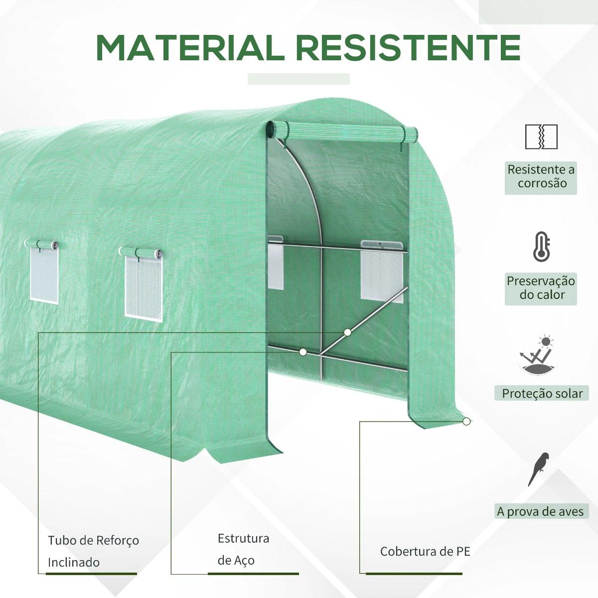 Estufa Tipo Túnel 400x200x200cm Estufa de Túnel com Portas Enroláveis e 6 Janelas Cobertura de PE 140 g/m² Estrutura de Metal pa