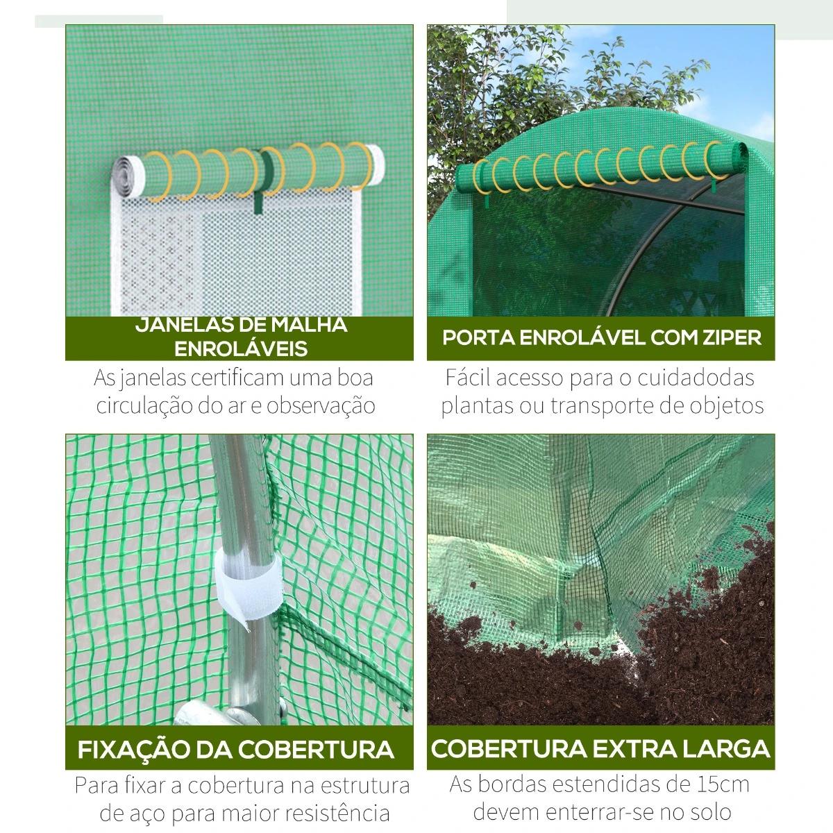 Estufa Tipo Túnel 400x200x200cm Estufa de Túnel com Portas Enroláveis e 6 Janelas Cobertura de PE 140 g/m² Estrutura de Metal pa
