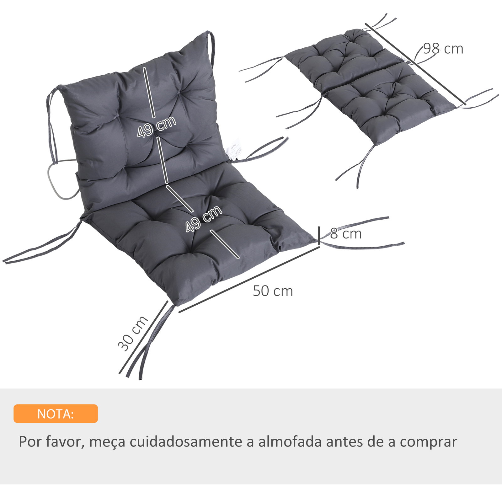 Conjunto de 2 almofadas de cadeira 50x98x8 cm almofadas de cadeira de exterior para jardim terraço varanda cinza escuro