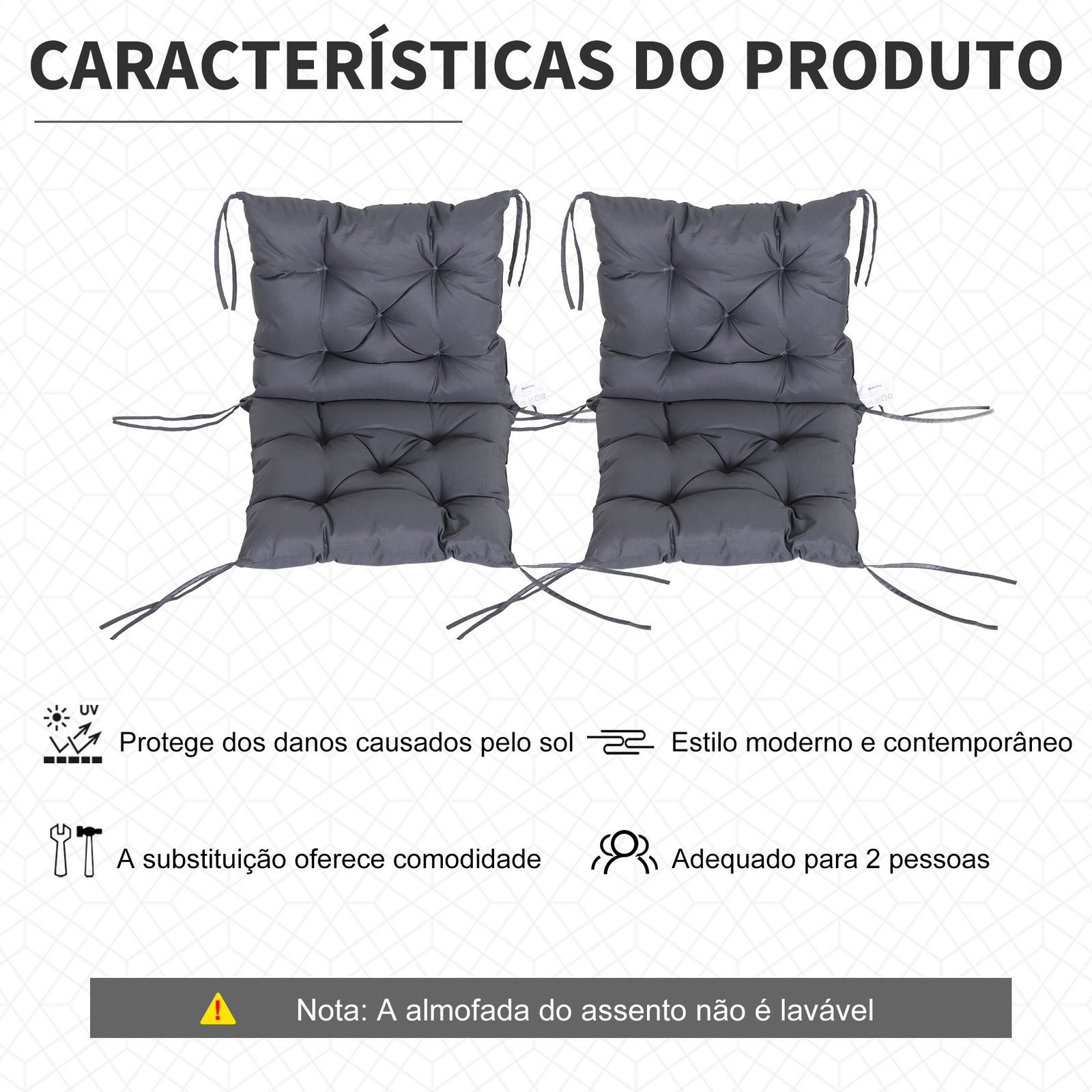 Conjunto de 2 almofadas de cadeira 50x98x8 cm almofadas de cadeira de exterior para jardim terraço varanda cinza escuro