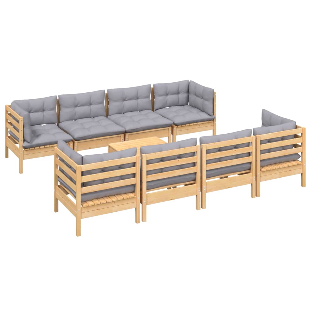 9 Pcs conjunto lounge de jardim + almofadões cinza pinho maciço