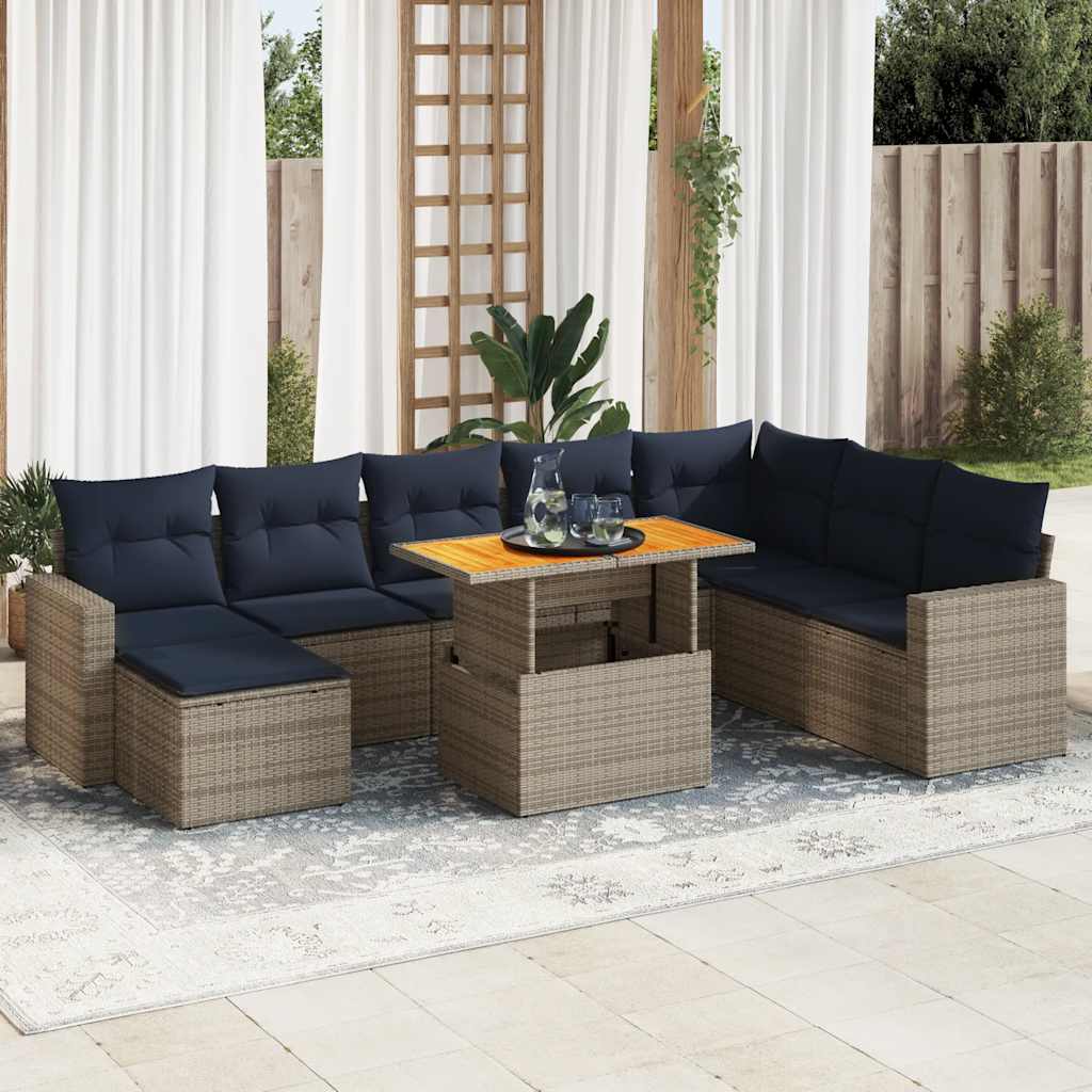 9 Pcs conjunto sofás p/ jardim com almofadões vime PE cinzento