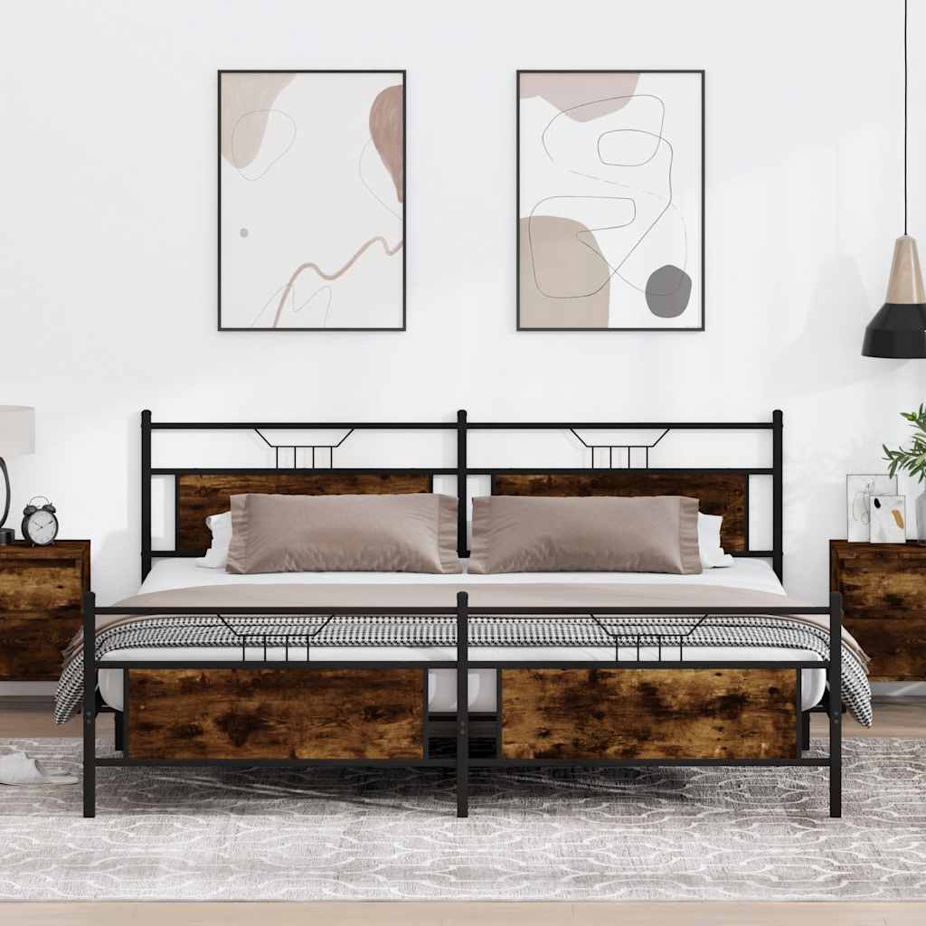 Estrutura de cama sem colchão 193x201cm metal carvalho fumado