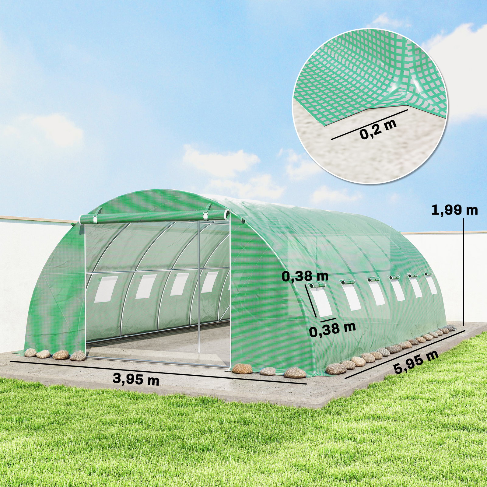 Estufa tipo túnel com 2 barras de suporte 2 portas enroláveis e janelas com rede cobertura de PE anti-UV verde