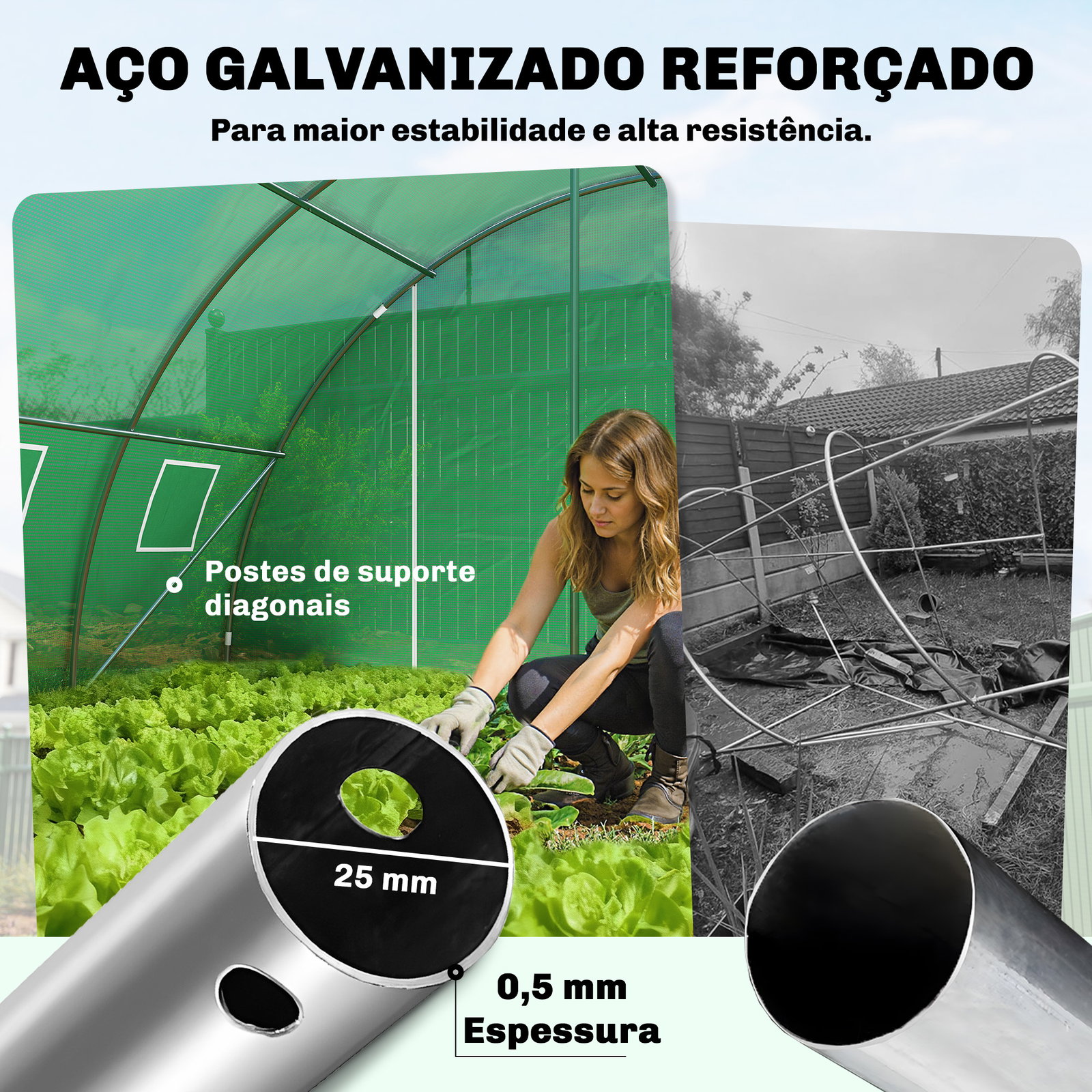 Estufa tipo túnel com 2 barras de suporte 2 portas enroláveis e janelas com rede cobertura de PE anti-UV verde