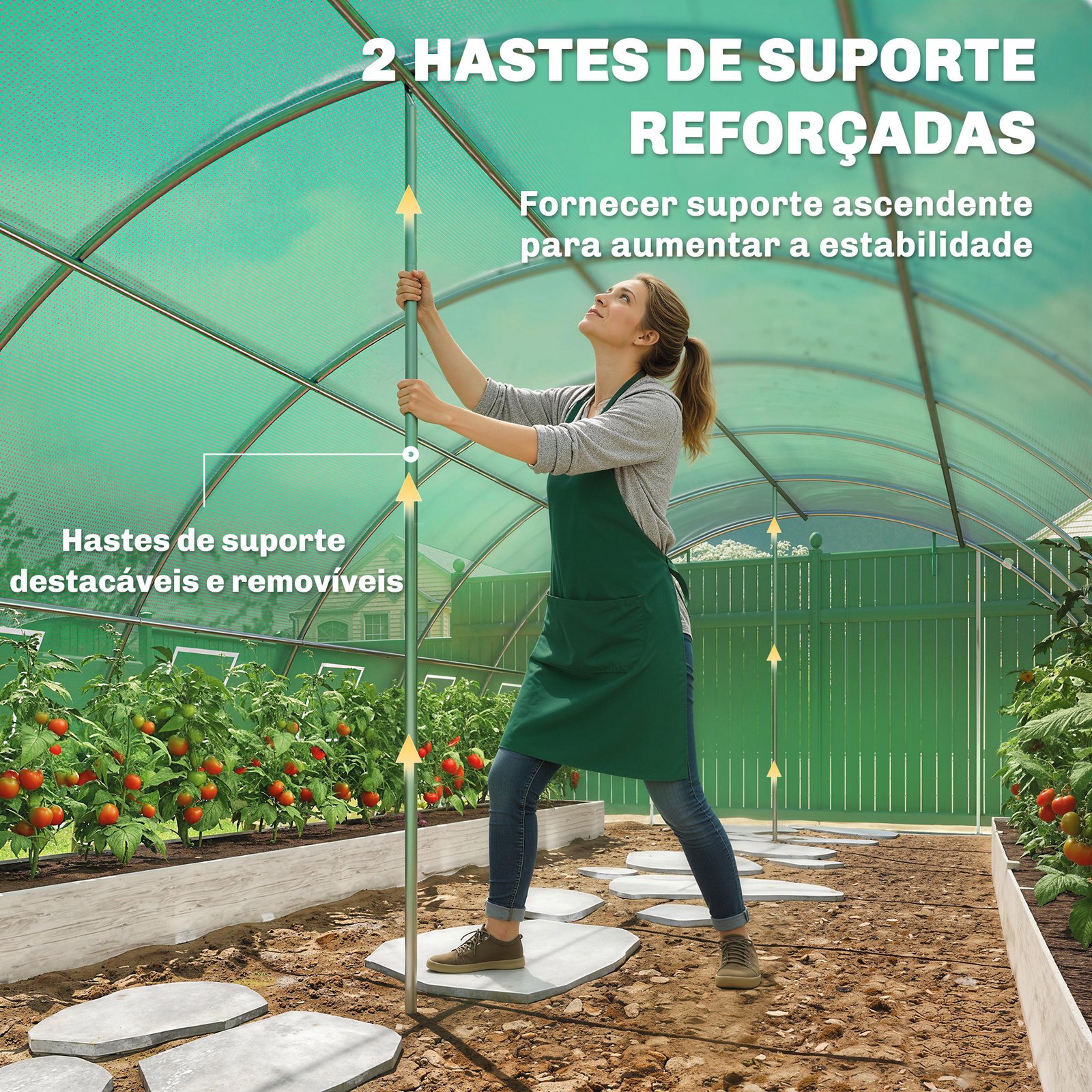 Estufa tipo túnel com 2 barras de suporte 2 portas enroláveis e janelas com rede cobertura de PE anti-UV verde