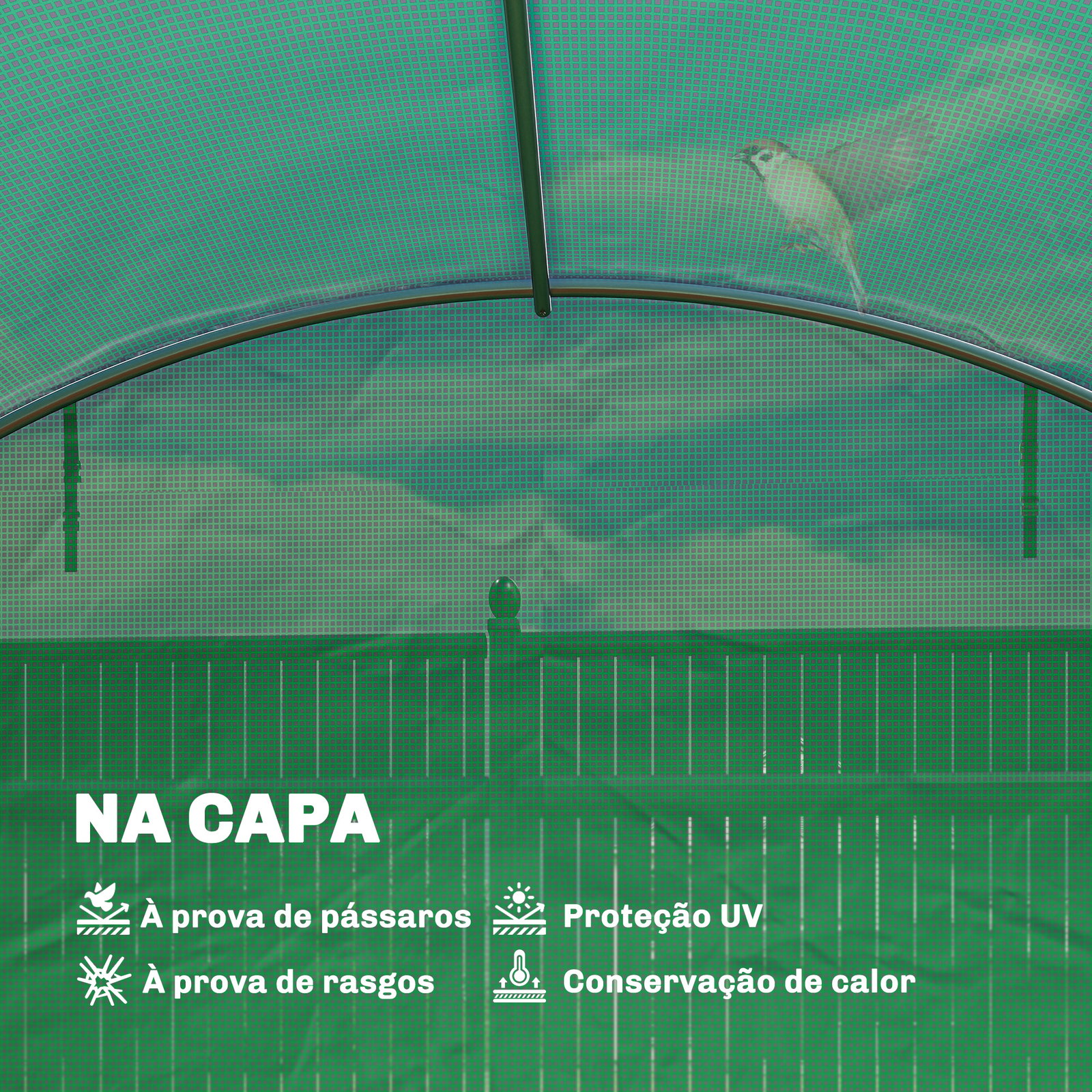 Estufa tipo túnel com 2 barras de suporte 2 portas enroláveis e janelas com rede cobertura de PE anti-UV verde