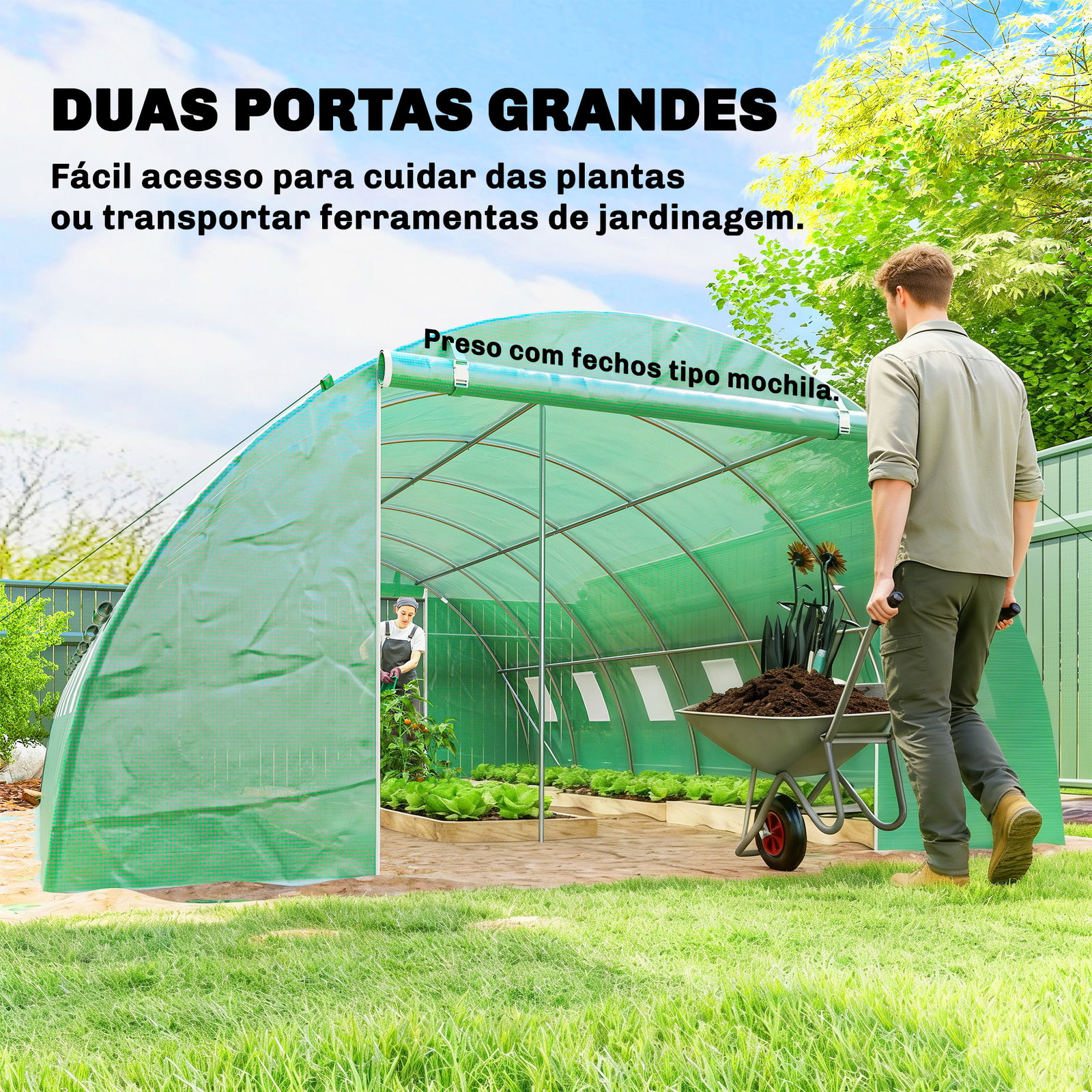 Estufa tipo túnel com 2 barras de suporte 2 portas enroláveis e janelas com rede cobertura de PE anti-UV verde