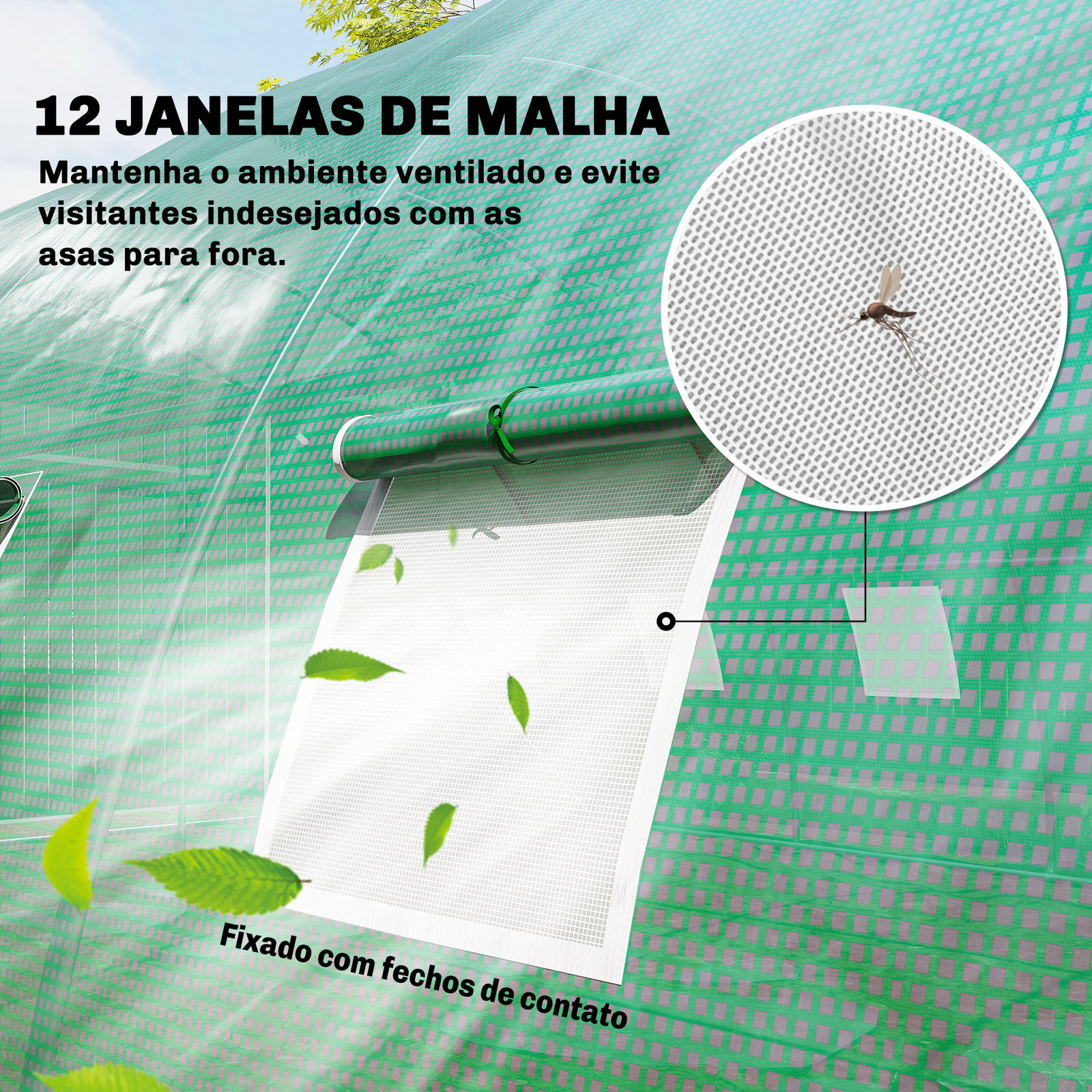Estufa tipo túnel com 2 barras de suporte 2 portas enroláveis e janelas com rede cobertura de PE anti-UV verde