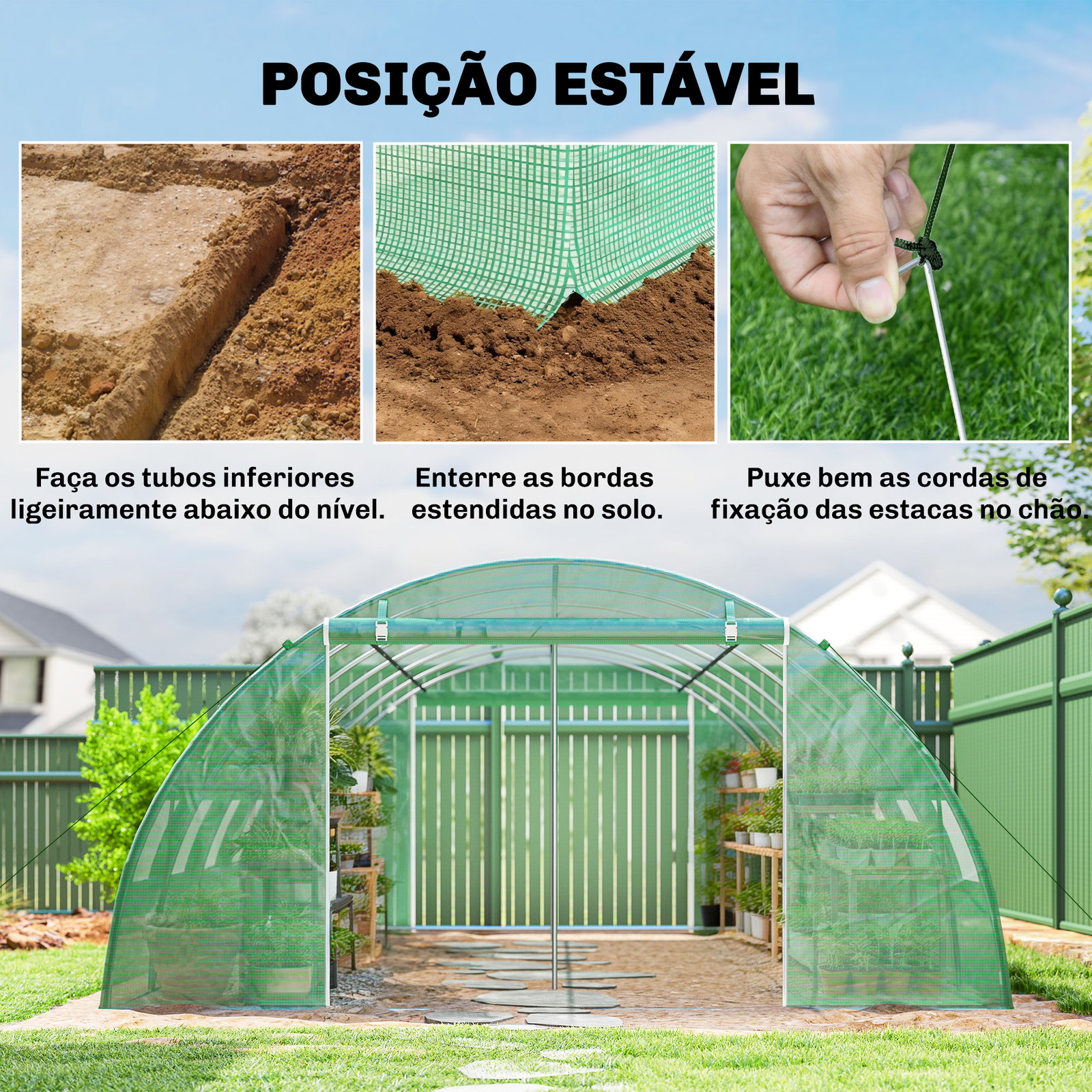 Estufa tipo túnel com 2 barras de suporte 2 portas enroláveis e janelas com rede cobertura de PE anti-UV verde