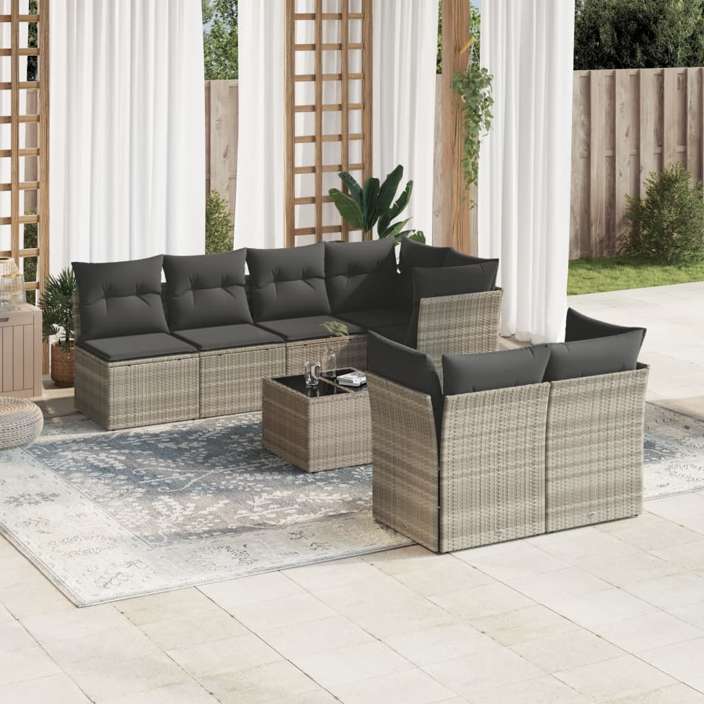 8 Pcs conj. sofás jardim c/ almofadões vime PE cinzento-claro