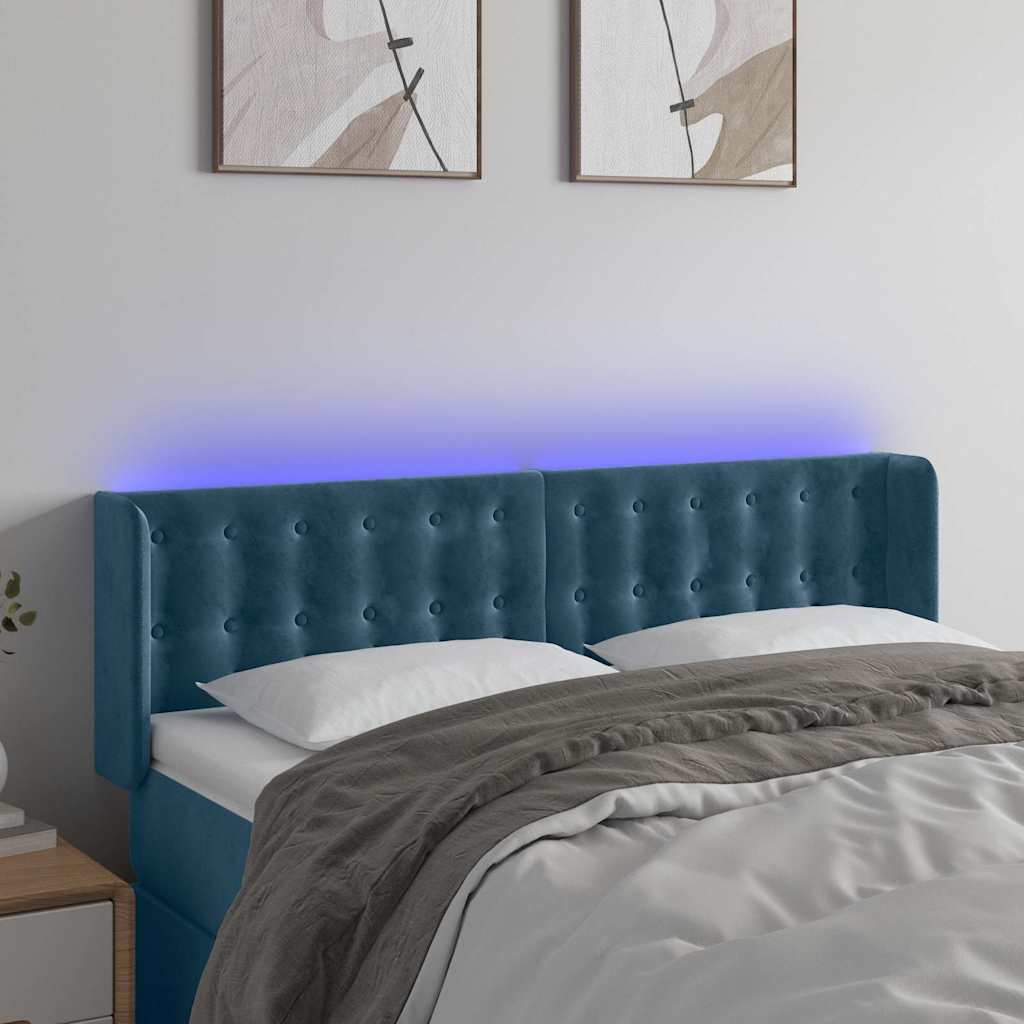 Cabeceira cama c/ luzes LED veludo 147x16x78/88 cm azul-escuro