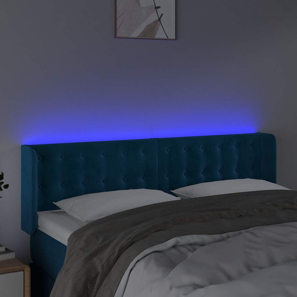 Cabeceira cama c/ luzes LED veludo 147x16x78/88 cm azul-escuro