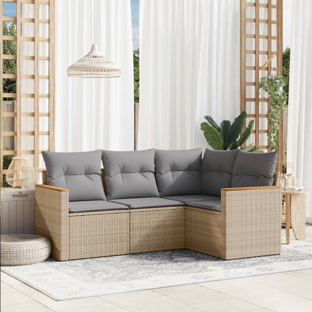 4 Pcs conj. sofás jardim c/ almofadões vime PE bege misturado