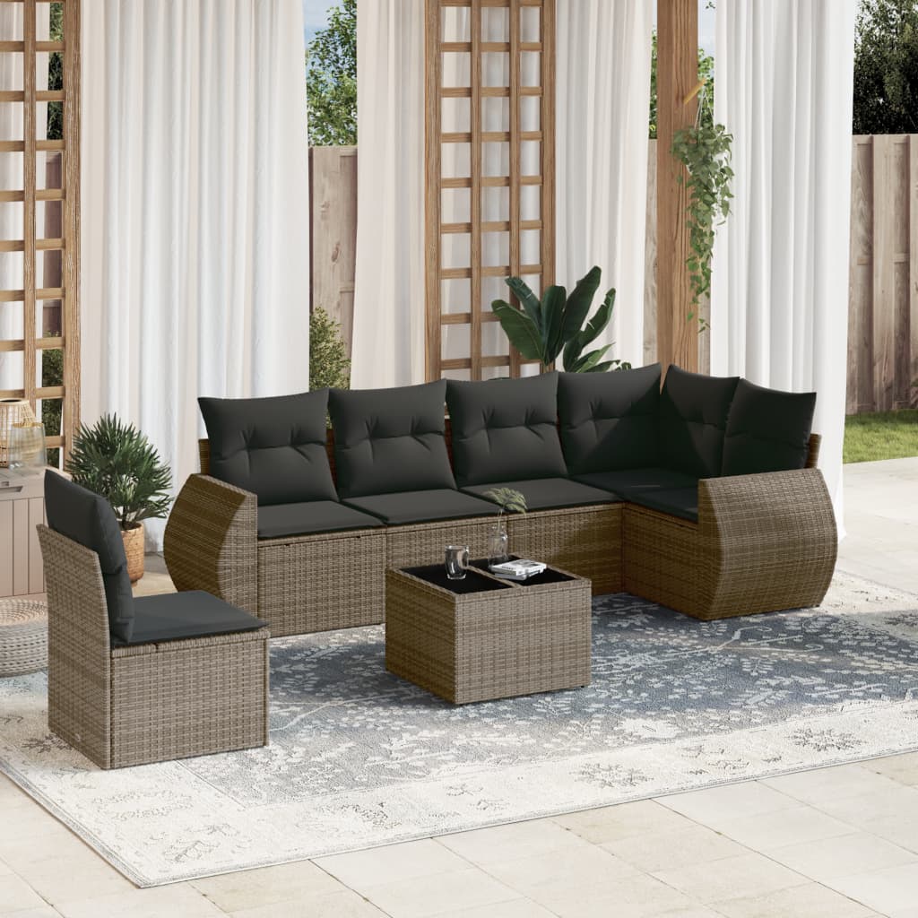7 Pcs conjunto sofás p/ jardim c/ almofadões vime PE cinzento