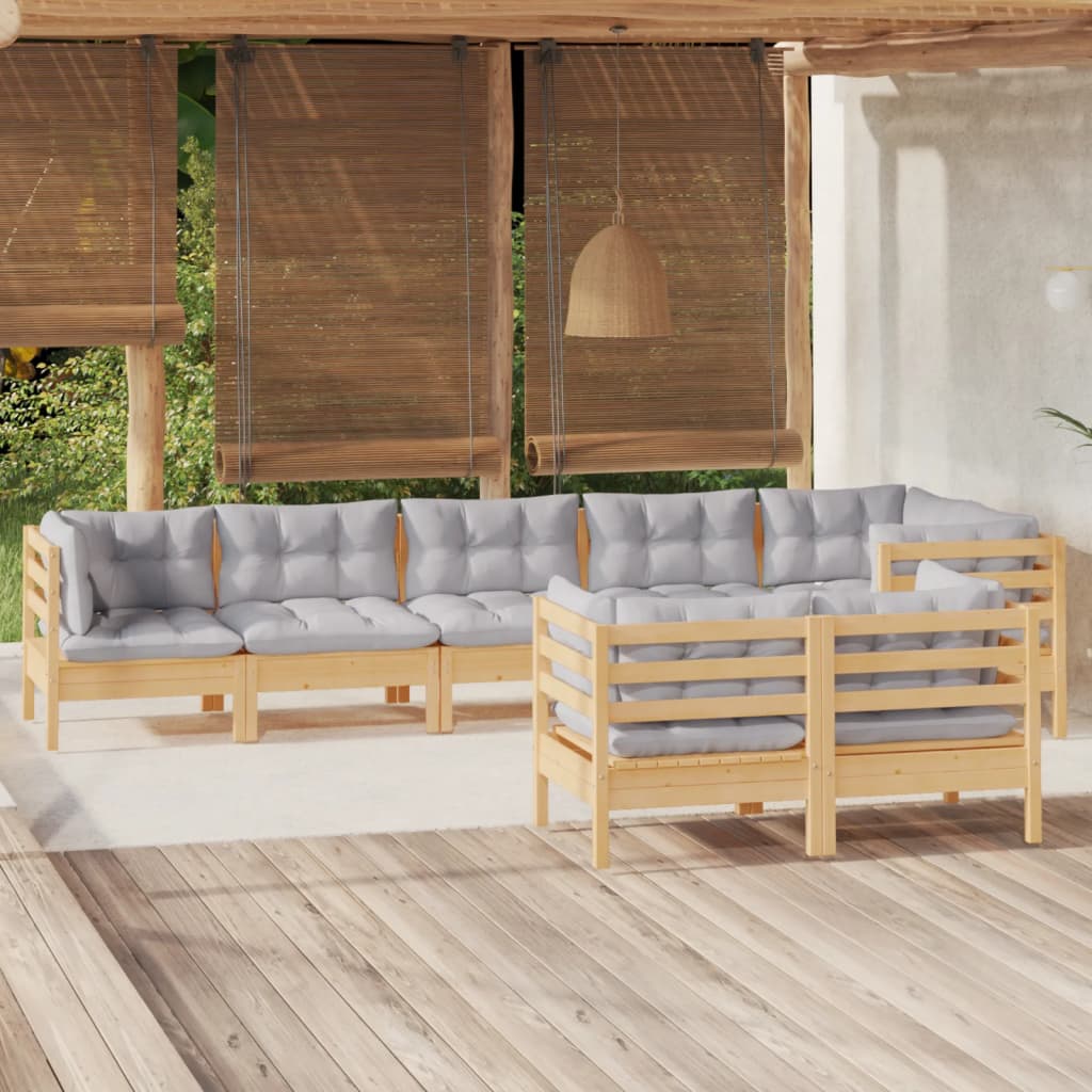 8 Pcs conjunto lounge de jardim + almofadões cinza pinho maciço