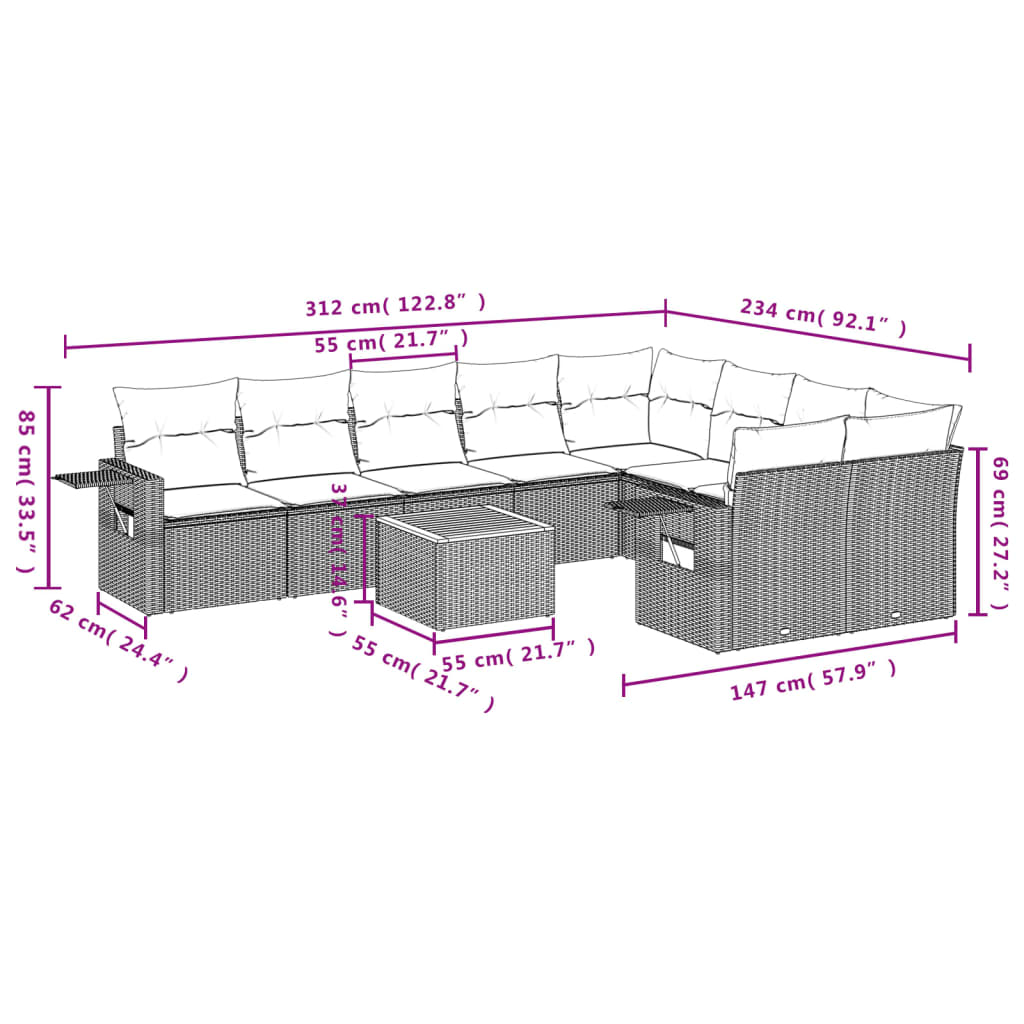 10 Pcs conjunto sofás de jardim c/ almofadões vime PE cinzento