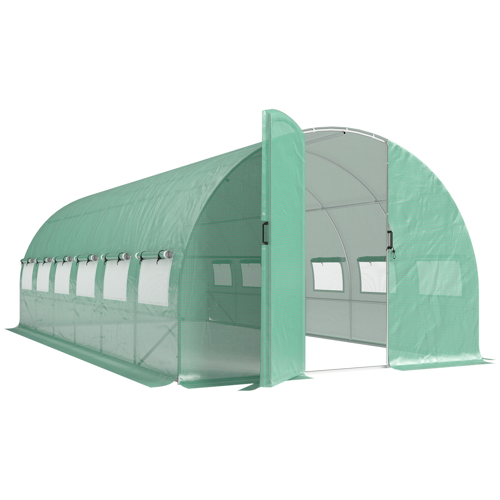 Estufa túnel 6x3x2 m com porta com dobradiças 12 janelas com rede e estrutura de aço galvanizado verde