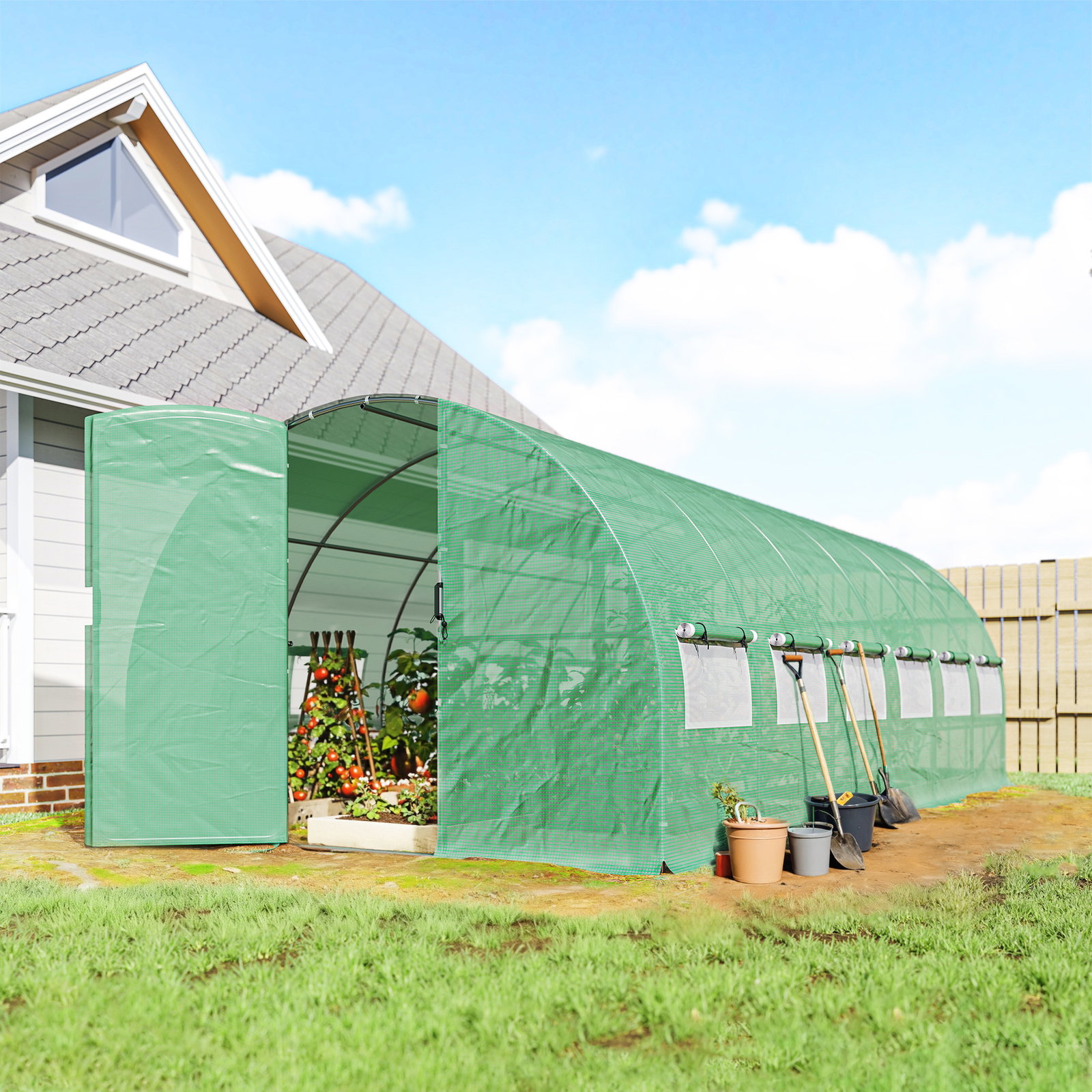 Estufa túnel 6x3x2 m com porta com dobradiças 12 janelas com rede e estrutura de aço galvanizado verde