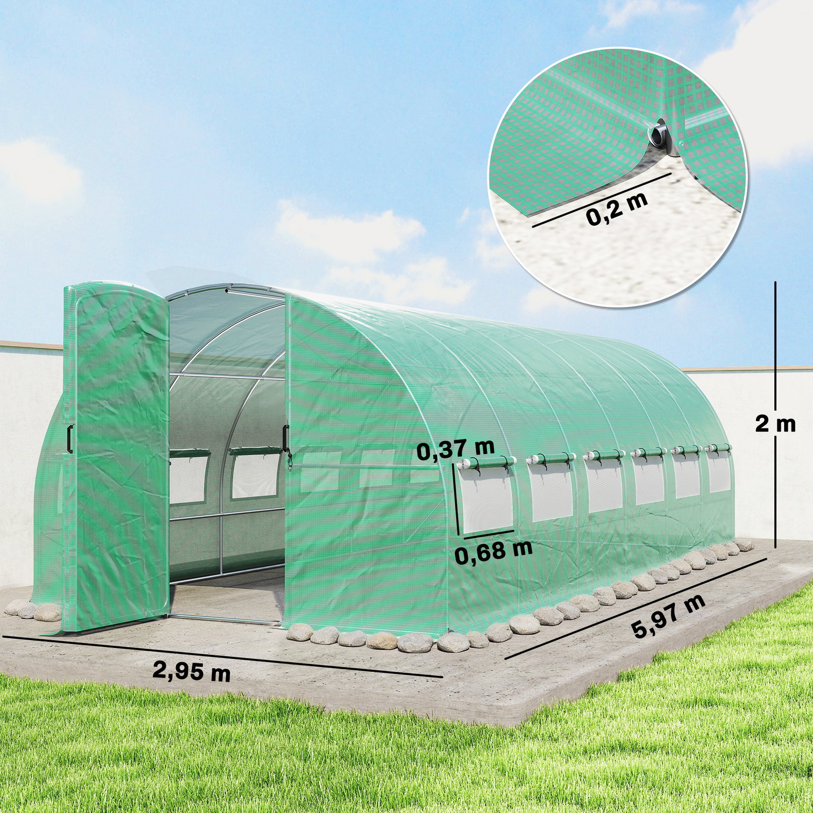 Estufa túnel 6x3x2 m com porta com dobradiças 12 janelas com rede e estrutura de aço galvanizado verde