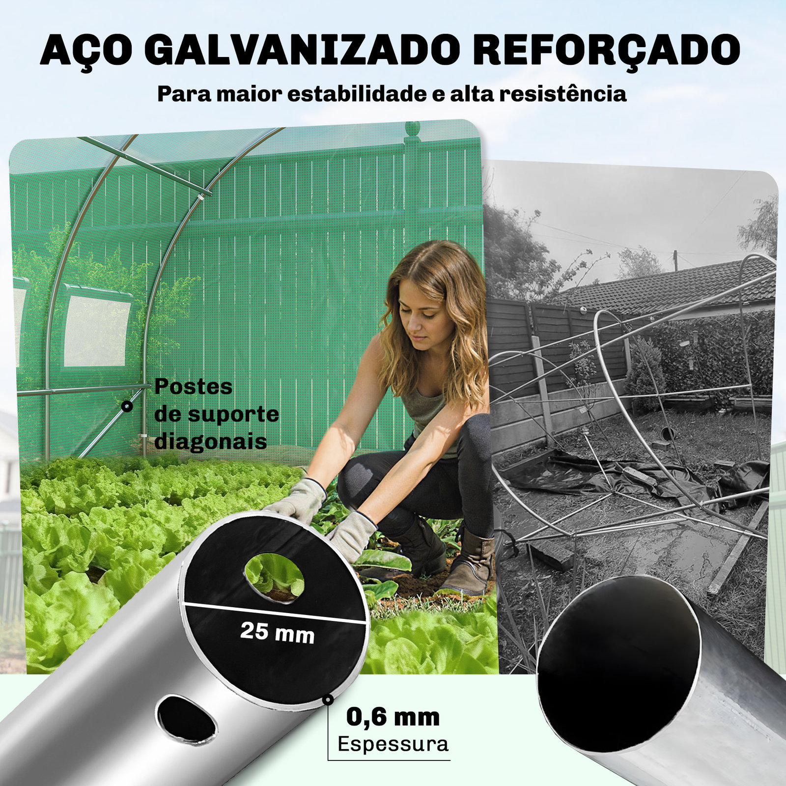 Estufa túnel 6x3x2 m com porta com dobradiças 12 janelas com rede e estrutura de aço galvanizado verde