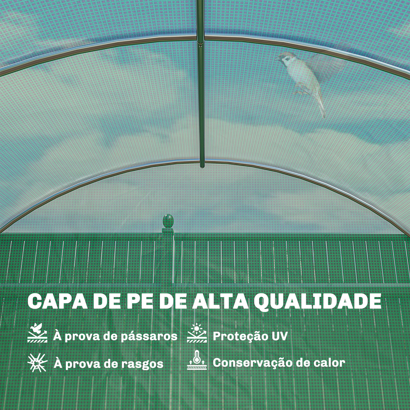 Estufa túnel 6x3x2 m com porta com dobradiças 12 janelas com rede e estrutura de aço galvanizado verde