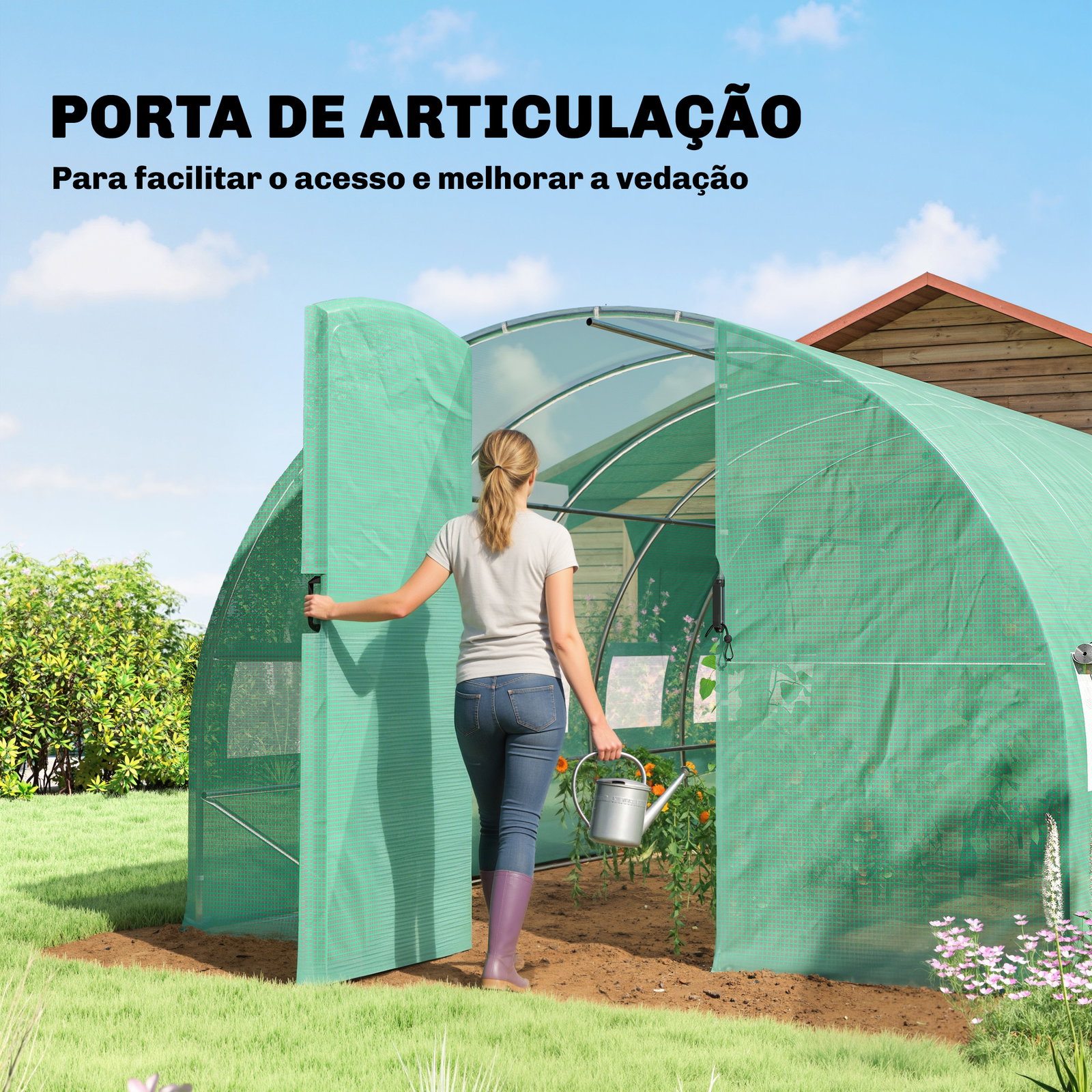 Estufa túnel 6x3x2 m com porta com dobradiças 12 janelas com rede e estrutura de aço galvanizado verde