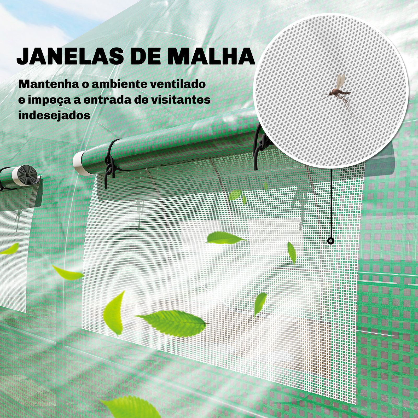 Estufa túnel 6x3x2 m com porta com dobradiças 12 janelas com rede e estrutura de aço galvanizado verde